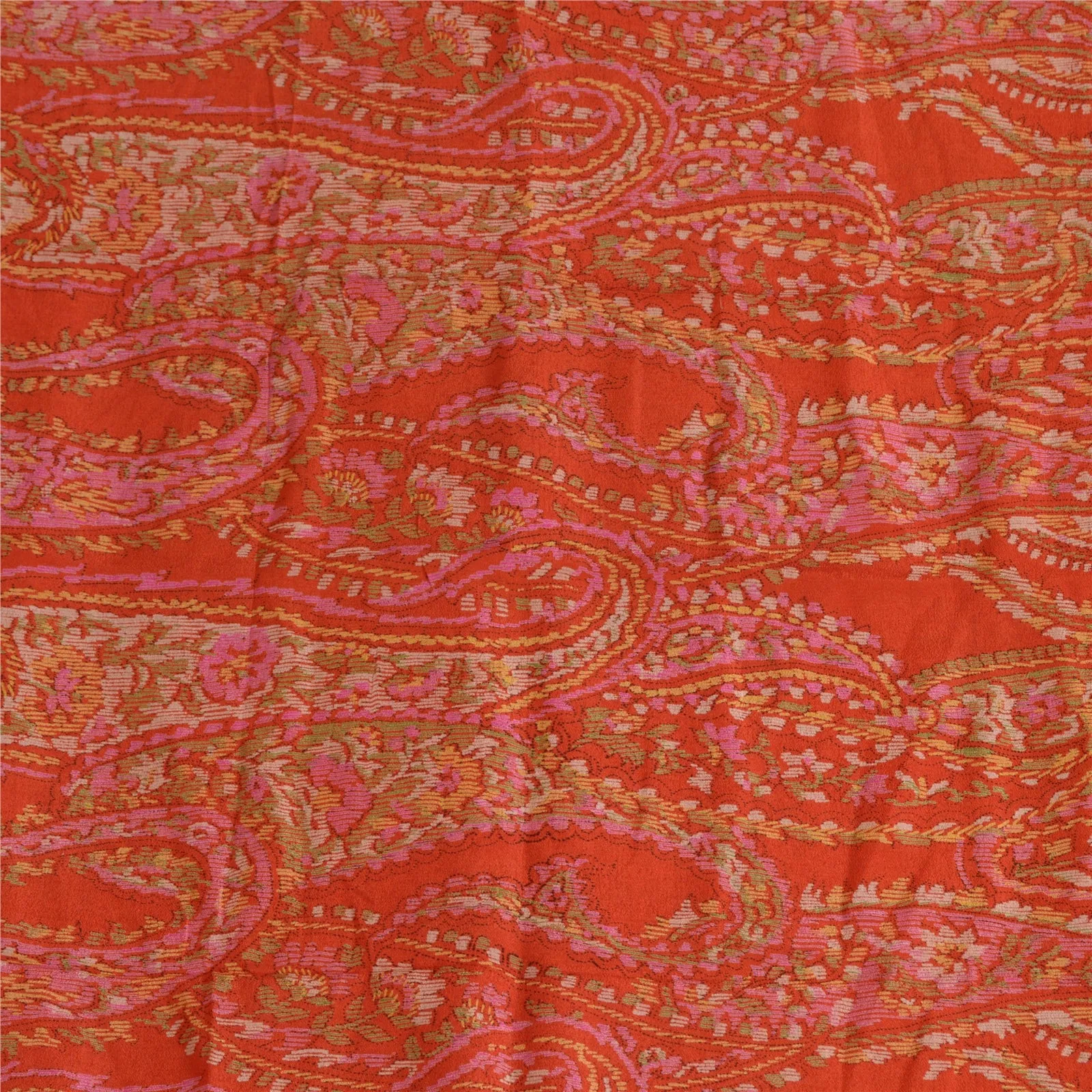 Sanskriti Vintage Sarees Indian Orange Printed 100% Pure Silk Sari Craft Fabric