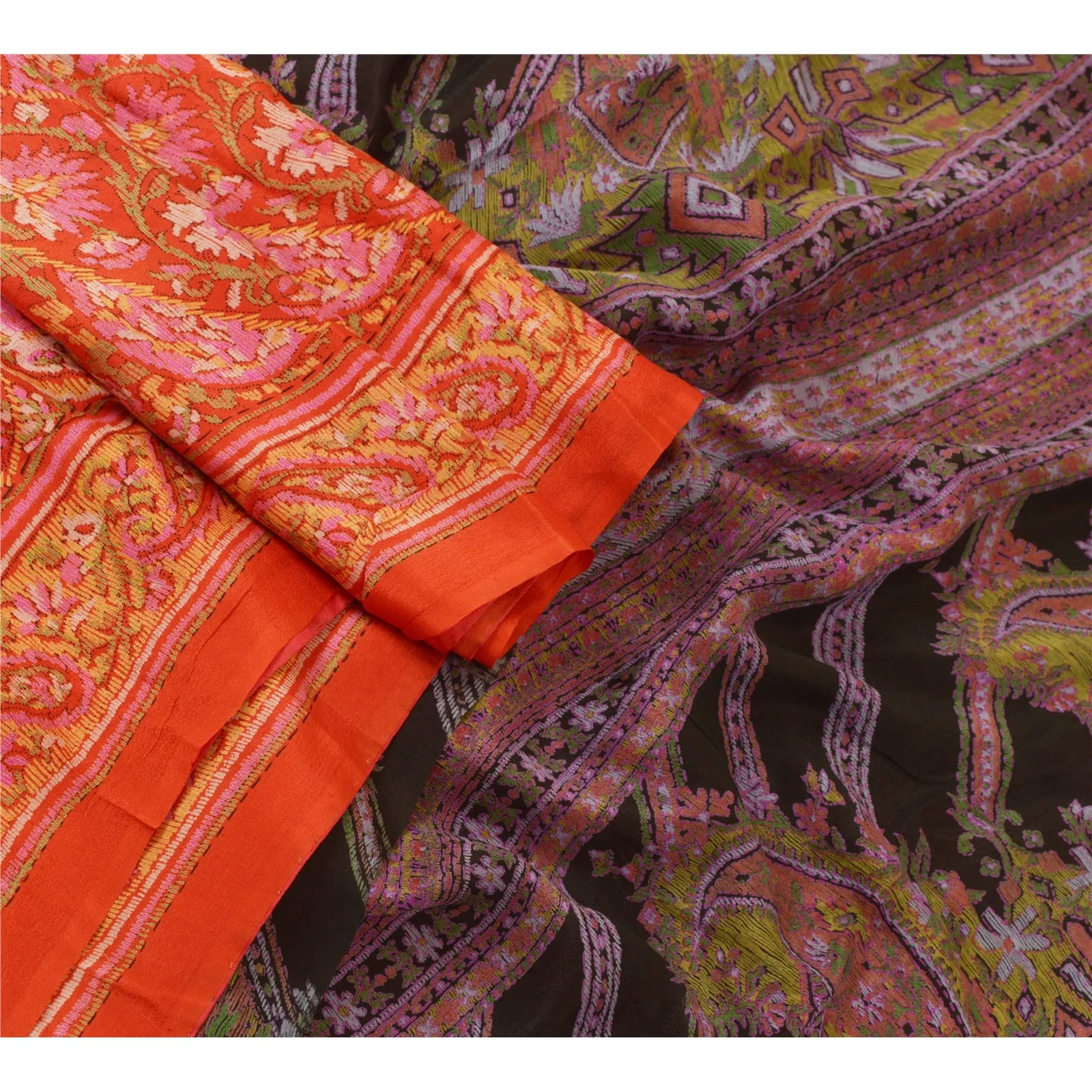 Sanskriti Vintage Sarees Indian Orange Printed 100% Pure Silk Sari Craft Fabric