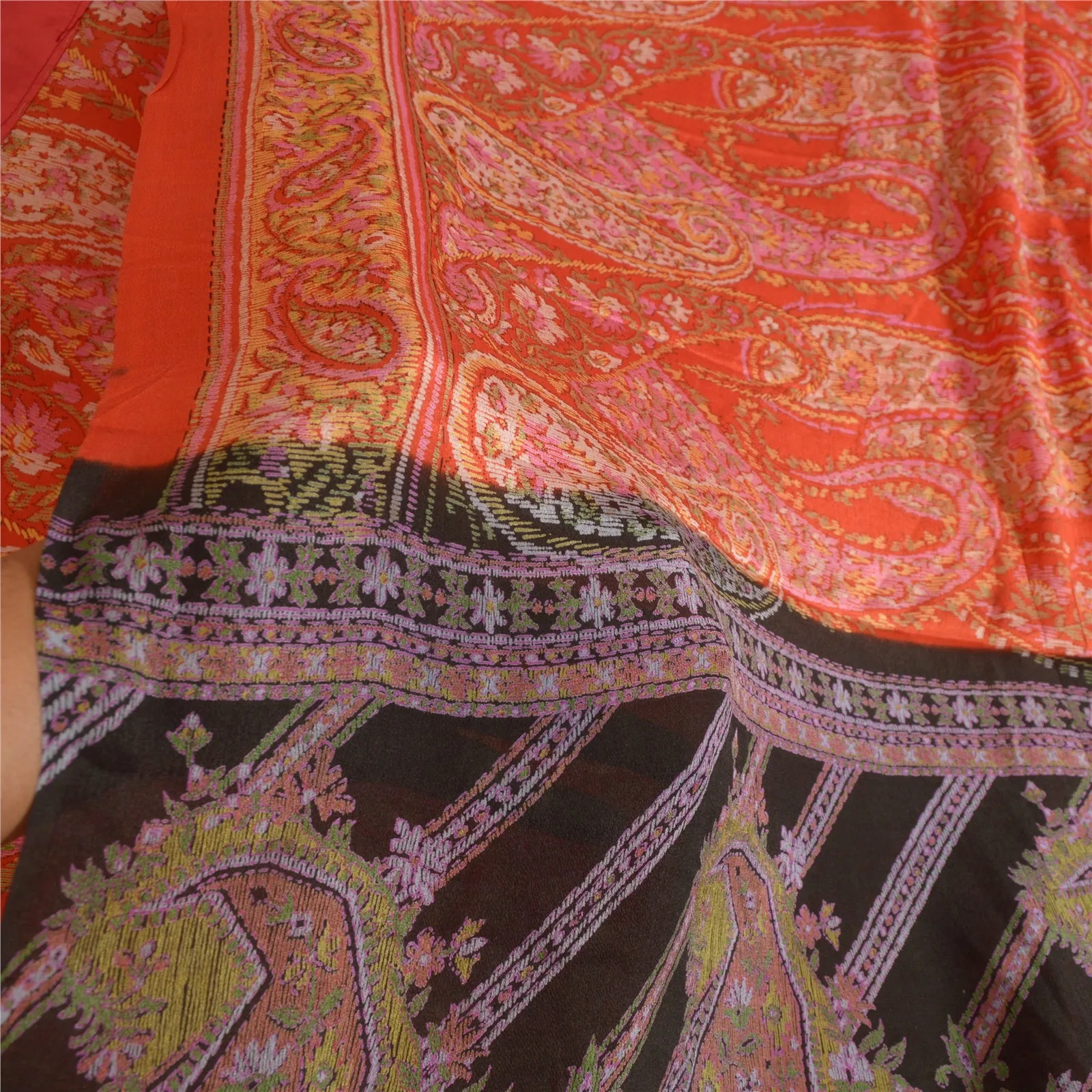 Sanskriti Vintage Sarees Indian Orange Printed 100% Pure Silk Sari Craft Fabric