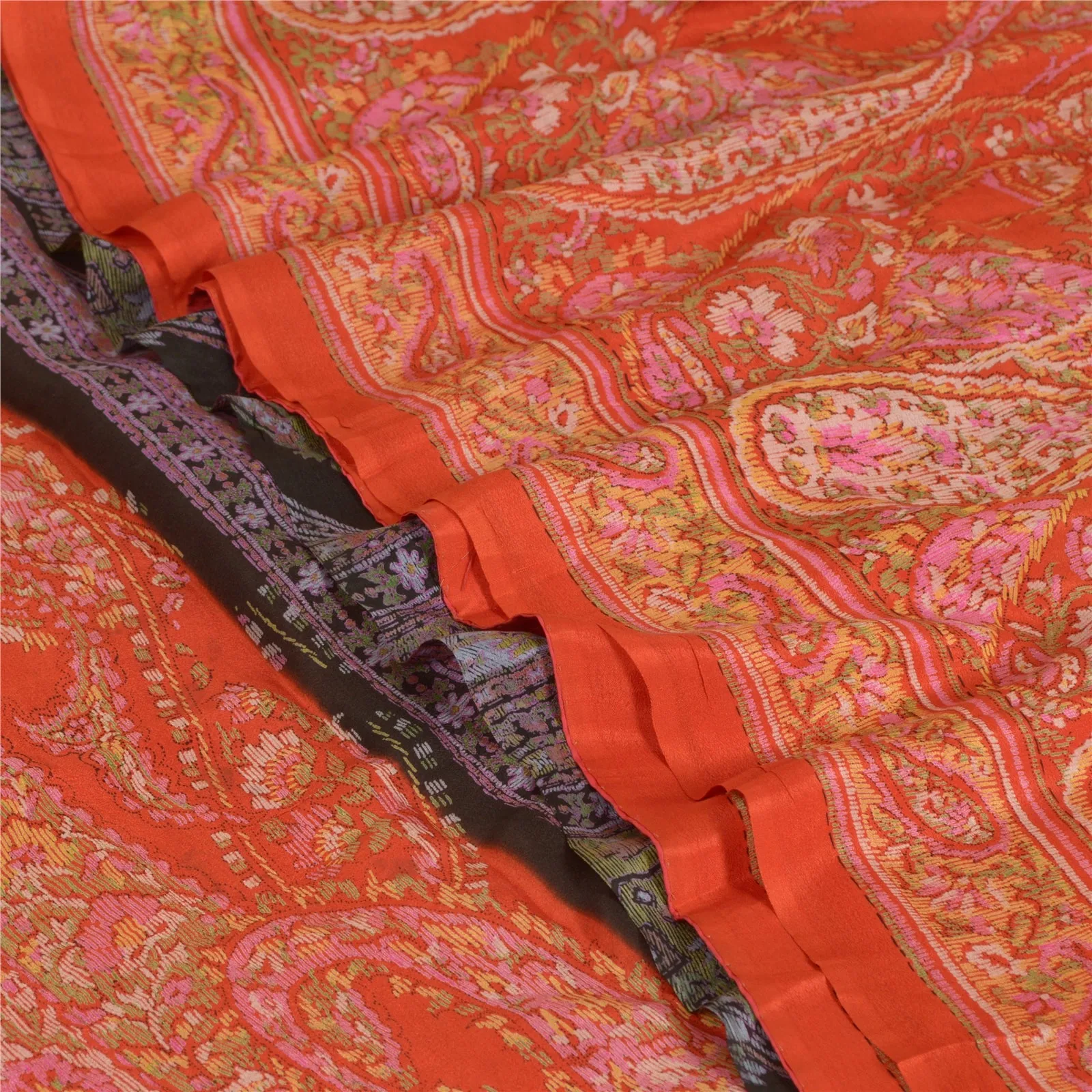 Sanskriti Vintage Sarees Indian Orange Printed 100% Pure Silk Sari Craft Fabric