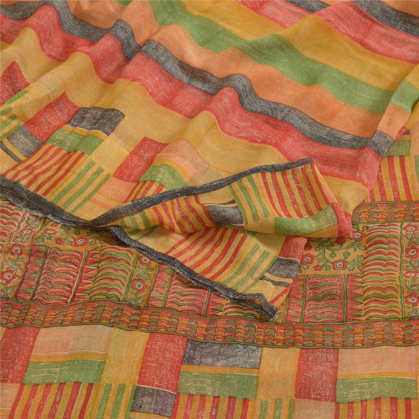 Sanskriti Vintage Sarees Multi Pure Georgette Silk Printed Sari 5yd Craft Fabric