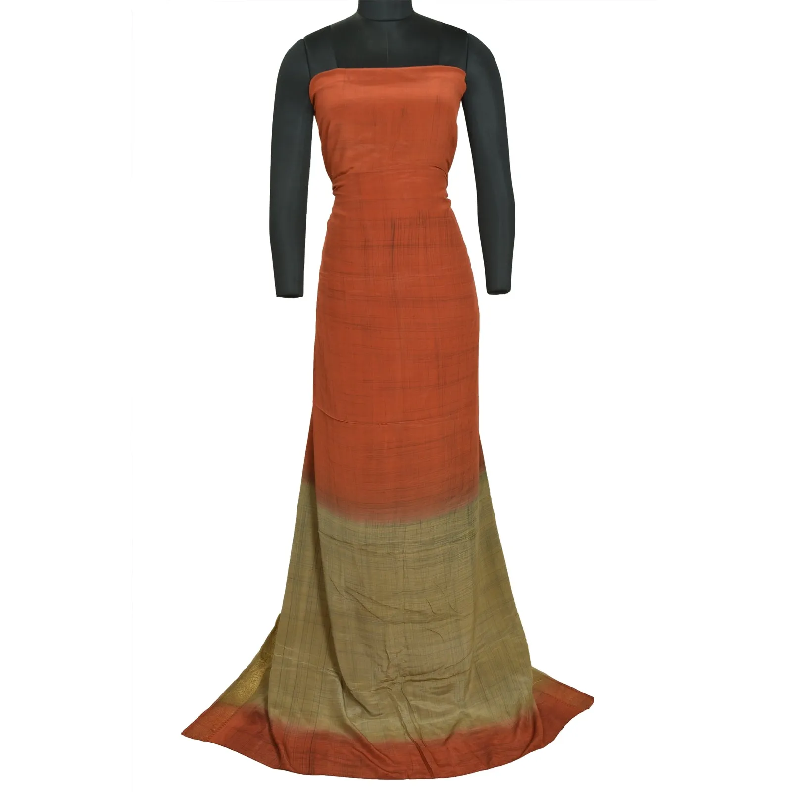 Sanskriti Vintage Sarees Orange/Green Zari Border Pure Crepe Printed Sari Fabric