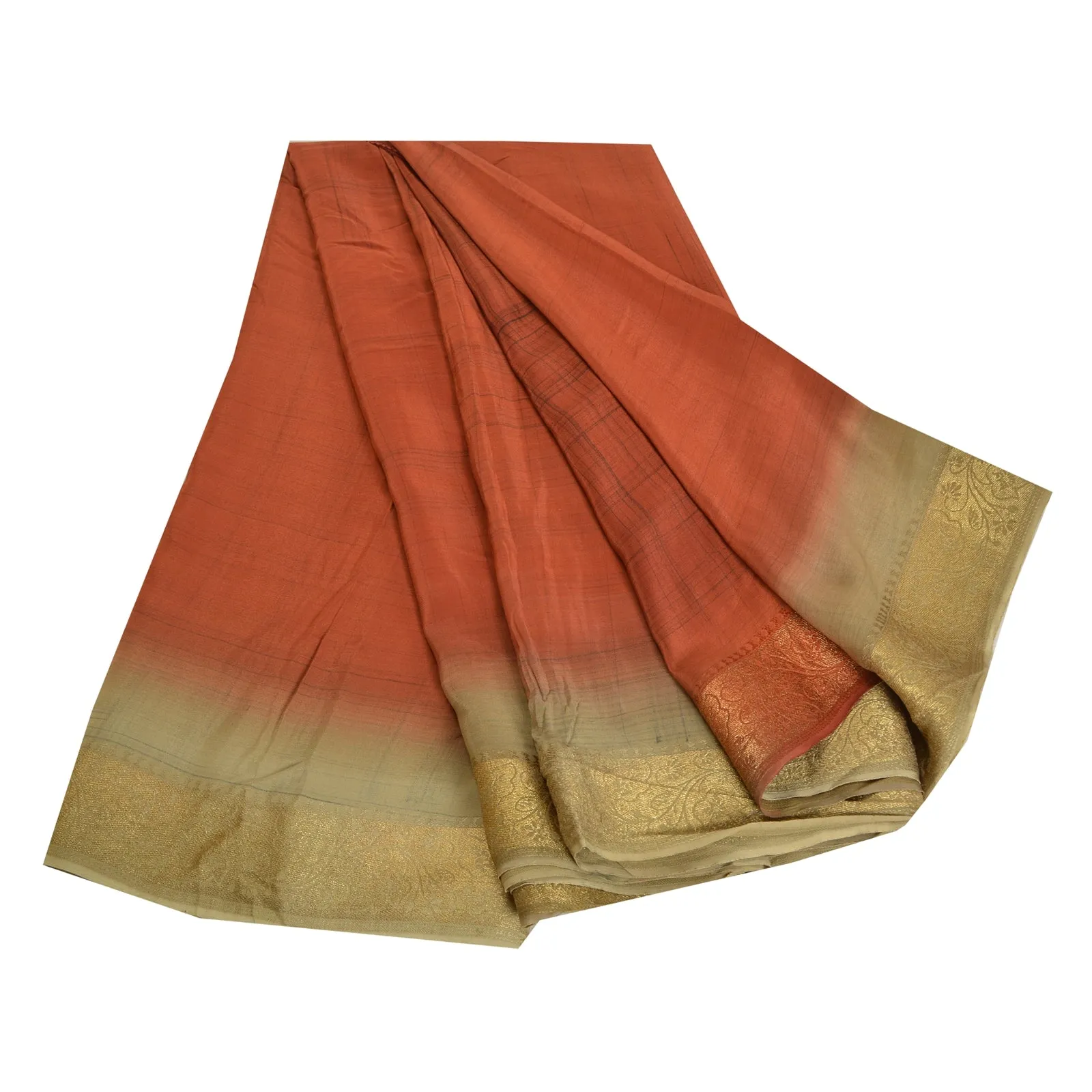 Sanskriti Vintage Sarees Orange/Green Zari Border Pure Crepe Printed Sari Fabric