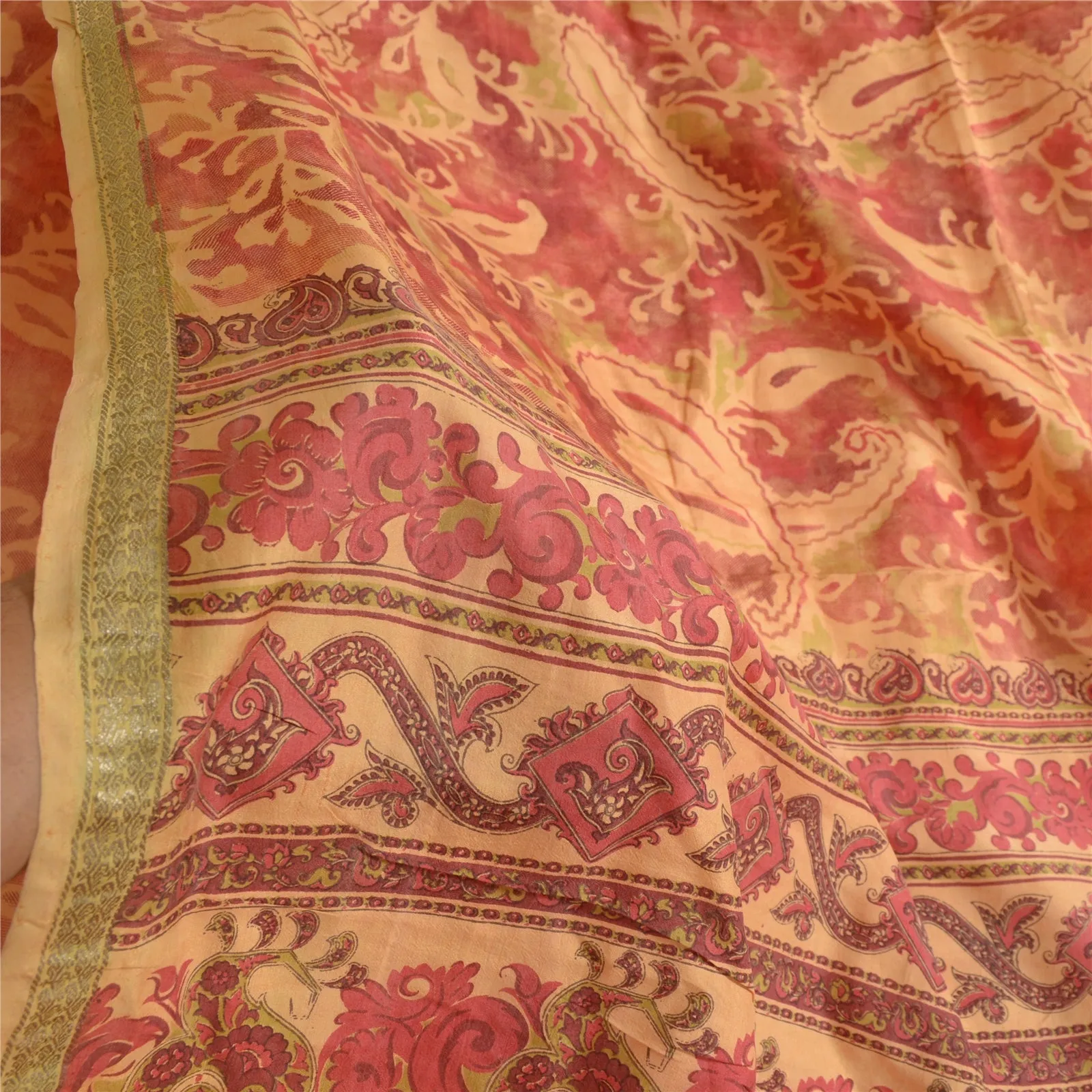 Sanskriti Vintage Sarees Peach/Red Zari Border Pure Silk Print Sari Craft Fabric