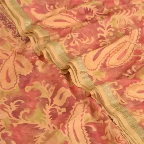 Sanskriti Vintage Sarees Peach/Red Zari Border Pure Silk Print Sari Craft Fabric