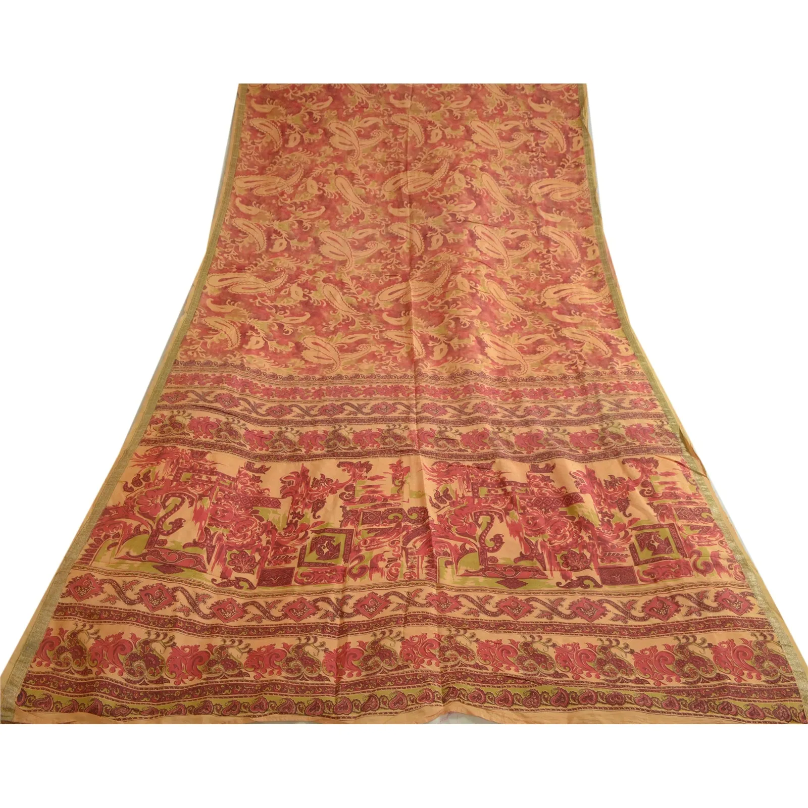 Sanskriti Vintage Sarees Peach/Red Zari Border Pure Silk Print Sari Craft Fabric