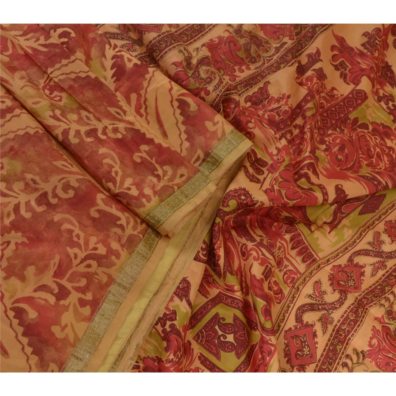 Sanskriti Vintage Sarees Peach/Red Zari Border Pure Silk Print Sari Craft Fabric