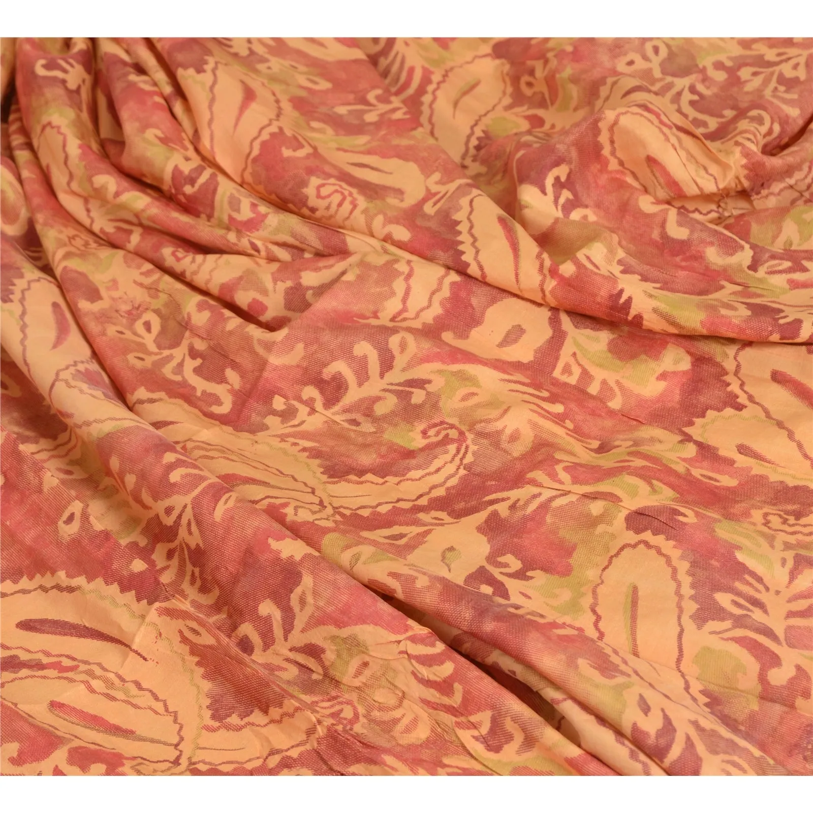 Sanskriti Vintage Sarees Peach/Red Zari Border Pure Silk Print Sari Craft Fabric