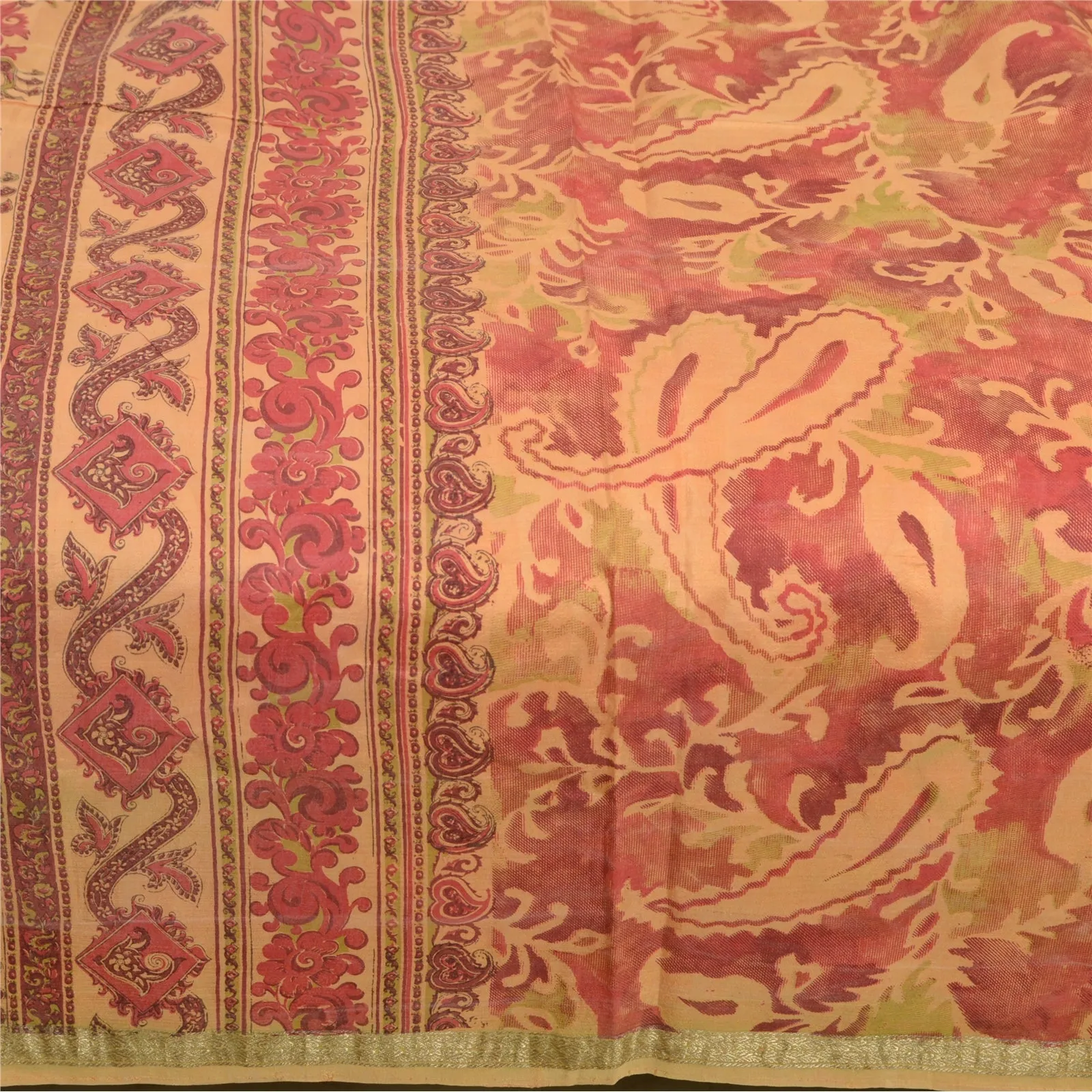 Sanskriti Vintage Sarees Peach/Red Zari Border Pure Silk Print Sari Craft Fabric