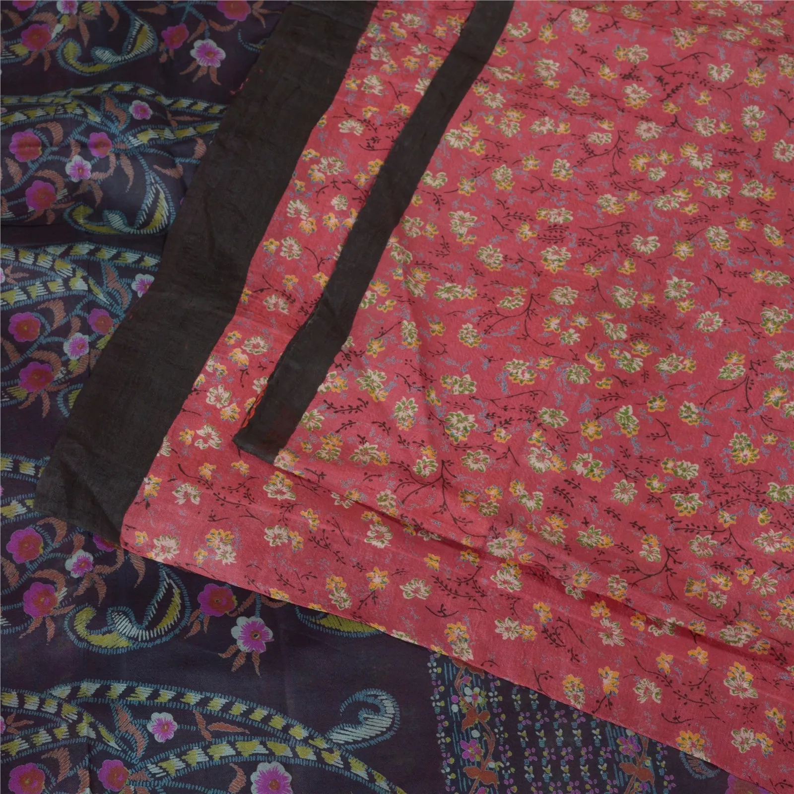 Sanskriti Vintage Sarees Pink/Blue Pure Silk Printed Sari Soft 5yd Craft Fabric