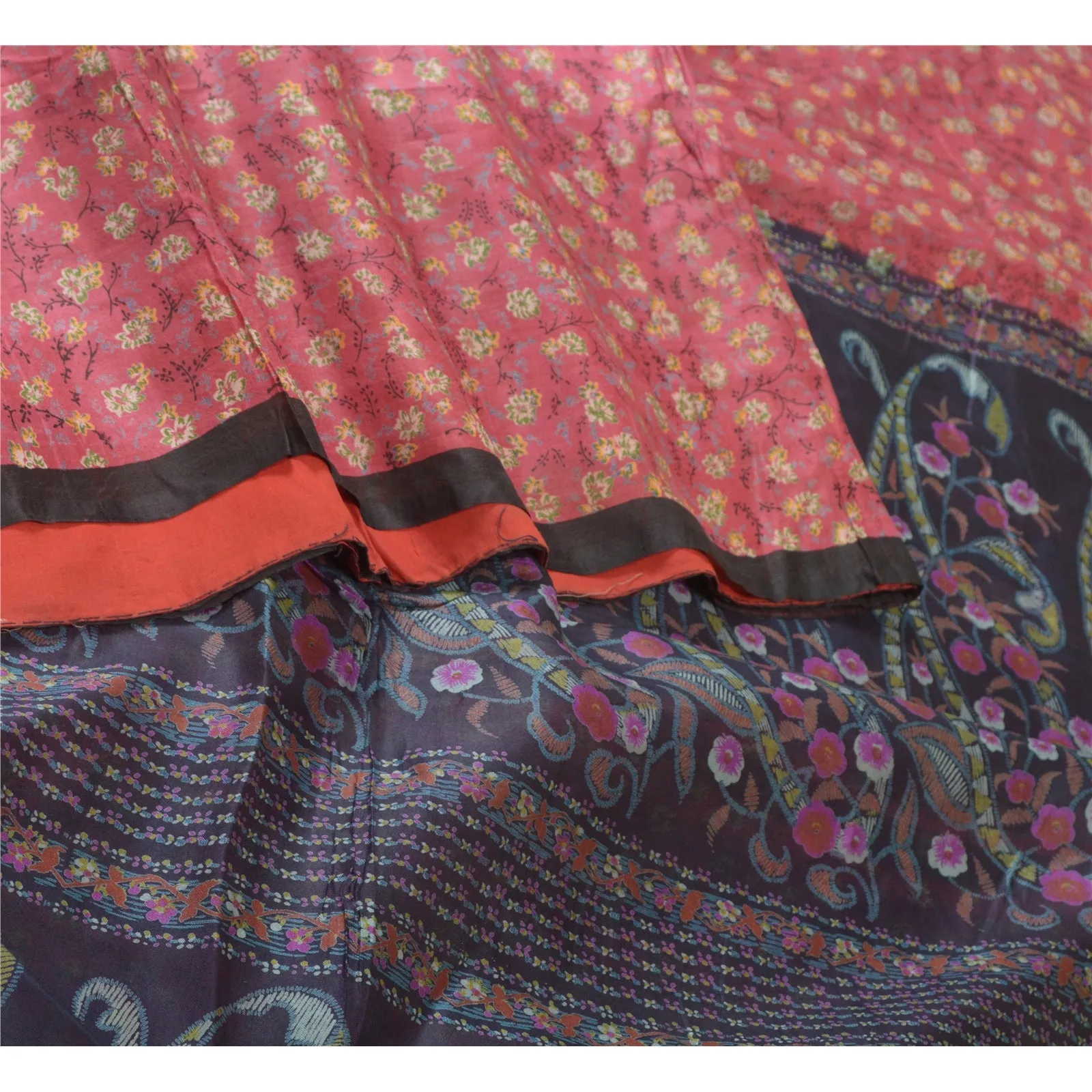 Sanskriti Vintage Sarees Pink/Blue Pure Silk Printed Sari Soft 5yd Craft Fabric