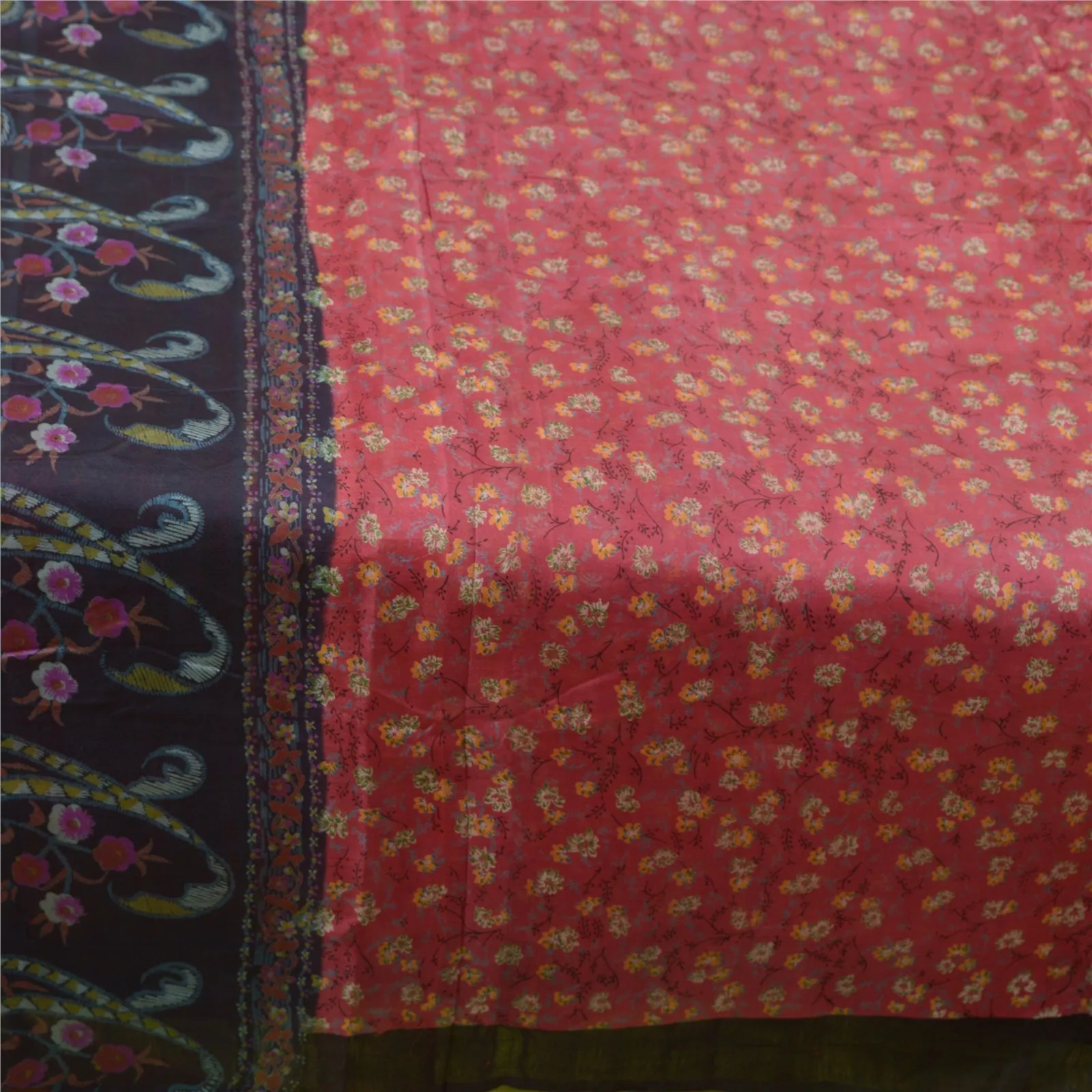 Sanskriti Vintage Sarees Pink/Blue Pure Silk Printed Sari Soft 5yd Craft Fabric