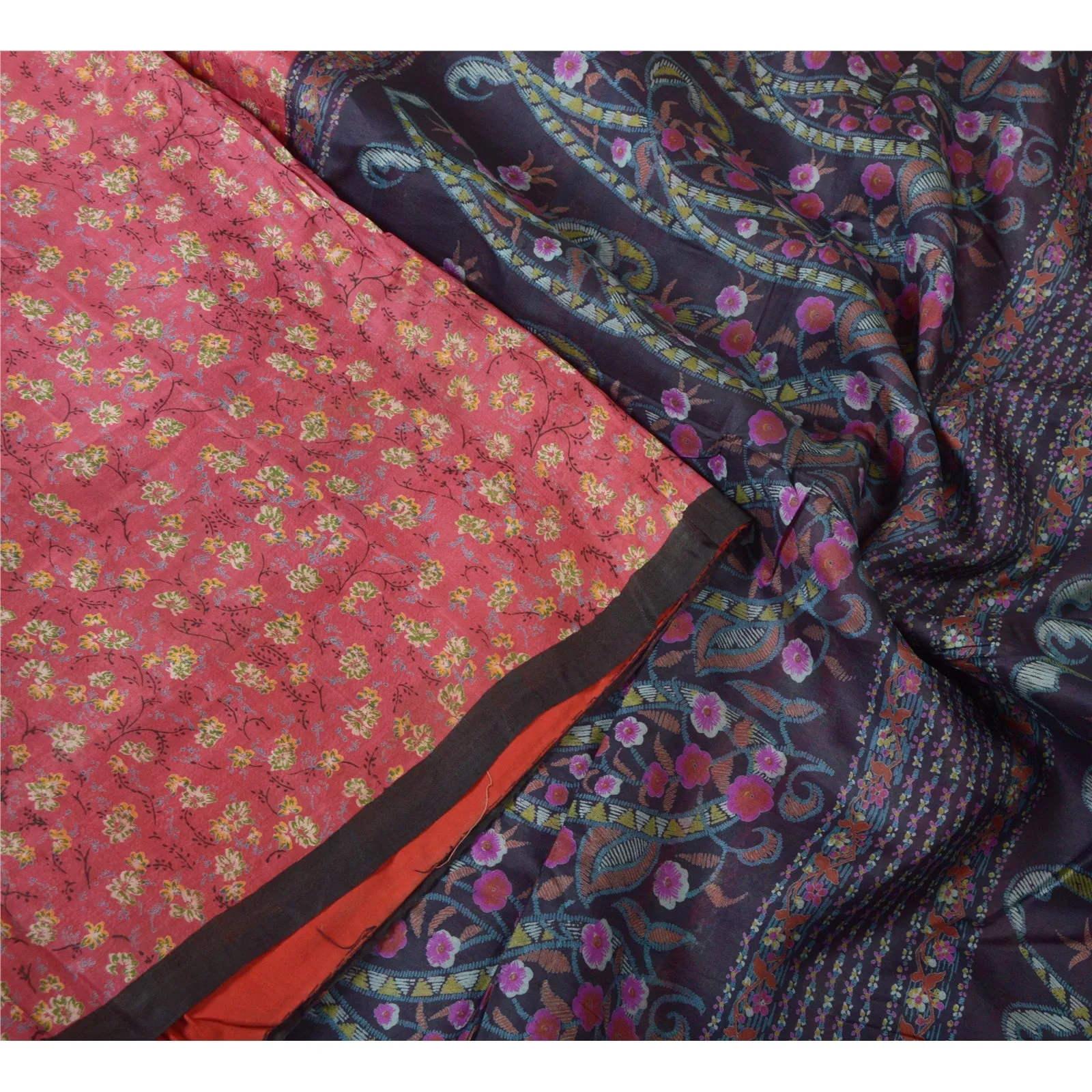 Sanskriti Vintage Sarees Pink/Blue Pure Silk Printed Sari Soft 5yd Craft Fabric