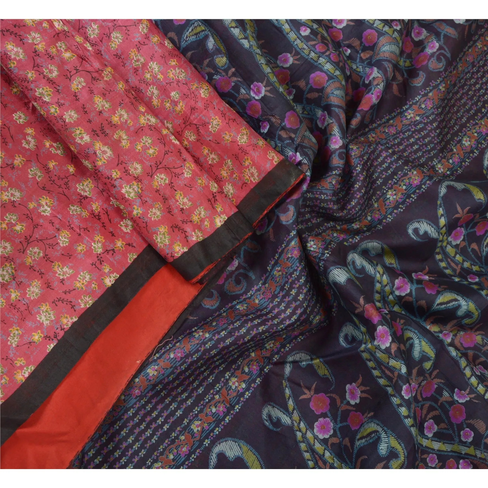 Sanskriti Vintage Sarees Pink/Blue Pure Silk Printed Sari Soft 5yd Craft Fabric