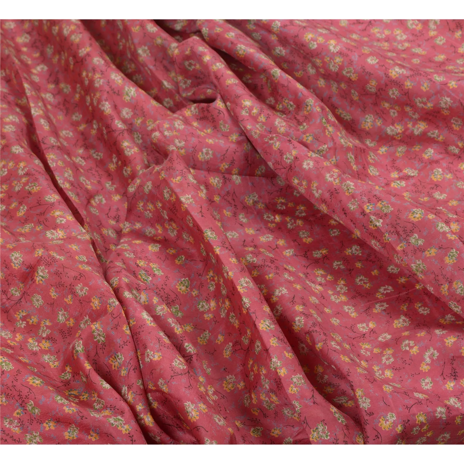 Sanskriti Vintage Sarees Pink/Blue Pure Silk Printed Sari Soft 5yd Craft Fabric