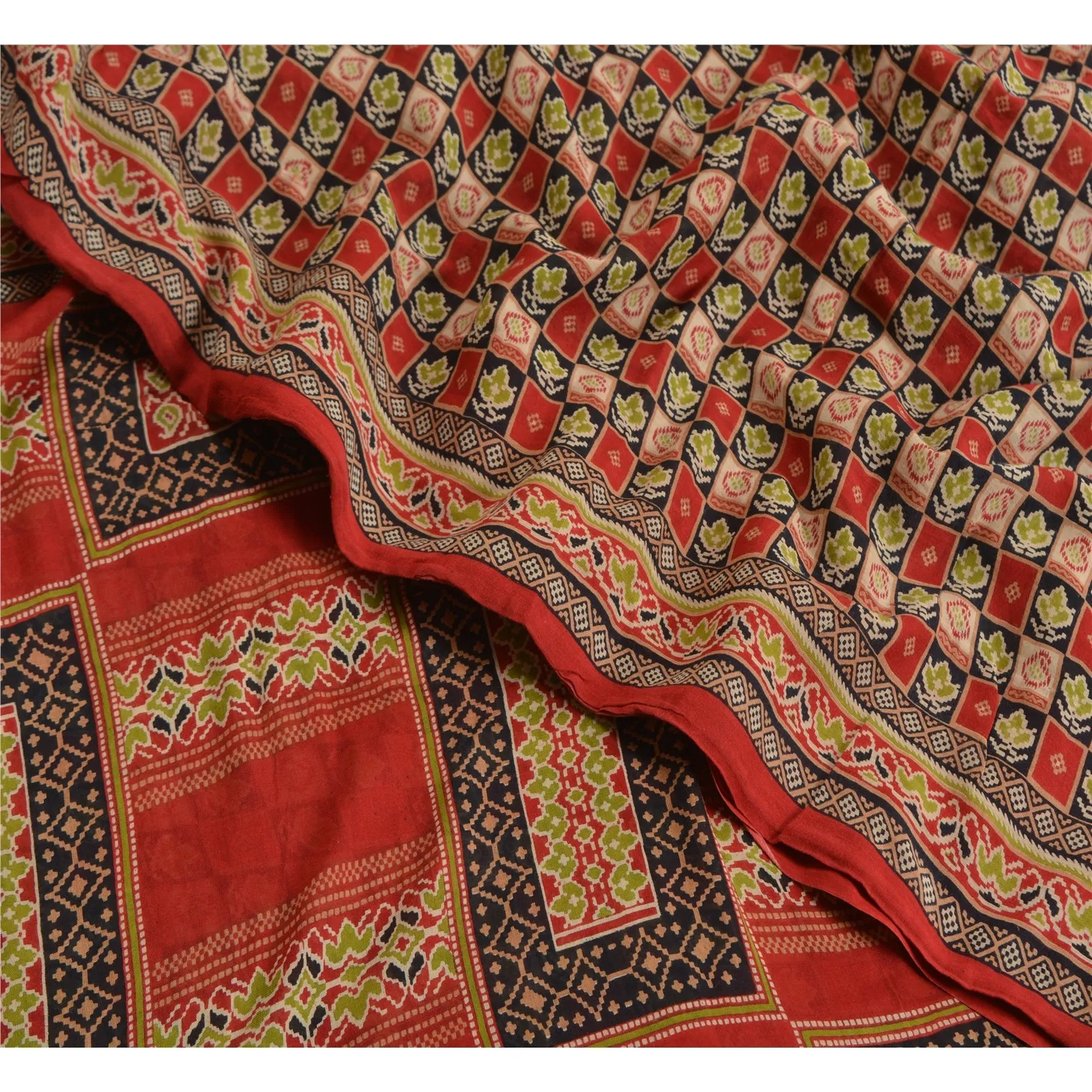 Sanskriti Vintage Sarees Red/Black Pure Cotton Printed Sari Soft Craft Fabric