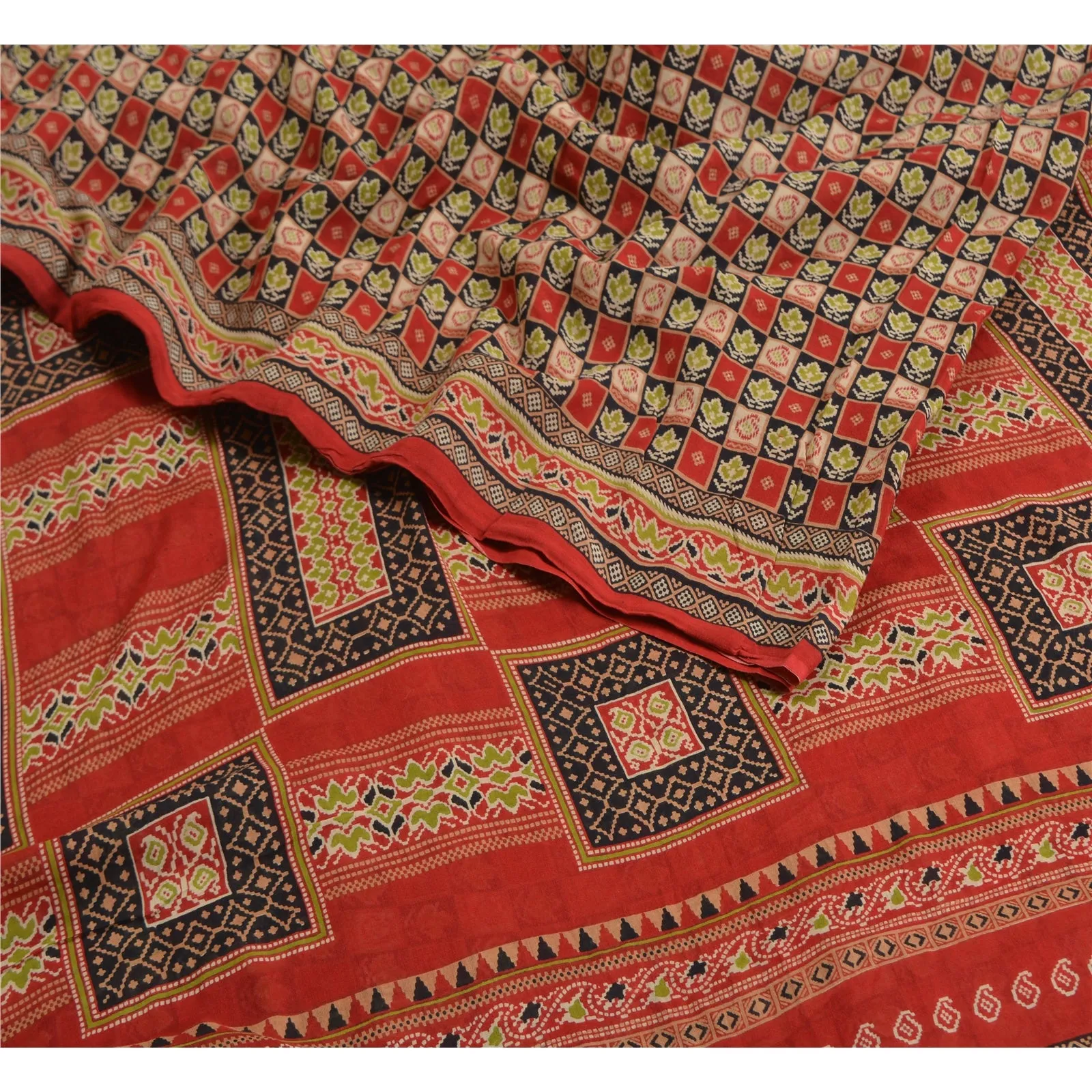 Sanskriti Vintage Sarees Red/Black Pure Cotton Printed Sari Soft Craft Fabric