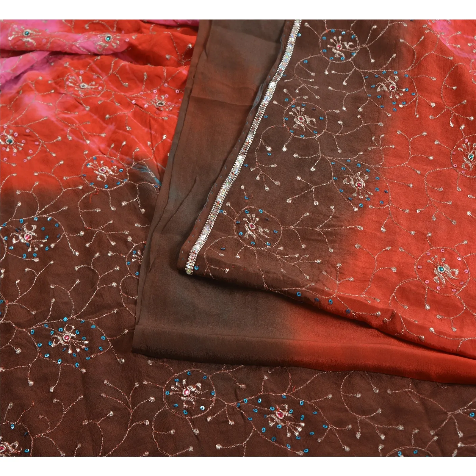 Sanskriti Vintage Sarees Red/Brown Tie-Dye Hand Beaded Pure Crepe Sari Fabric