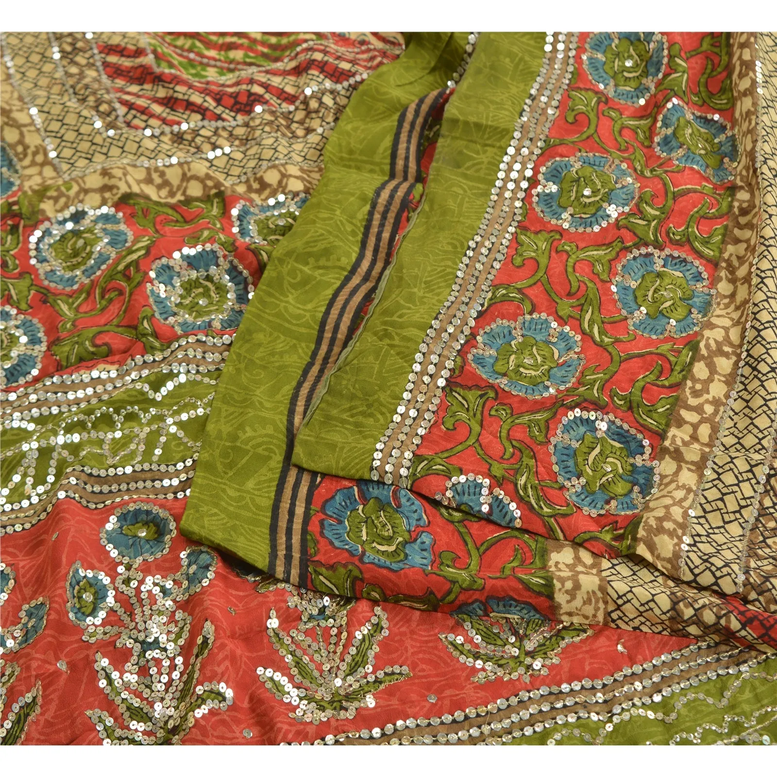 Sanskriti Vintage Sarees Red/Green Hand Beaded Pure Crepe Silk Print Sari Fabric