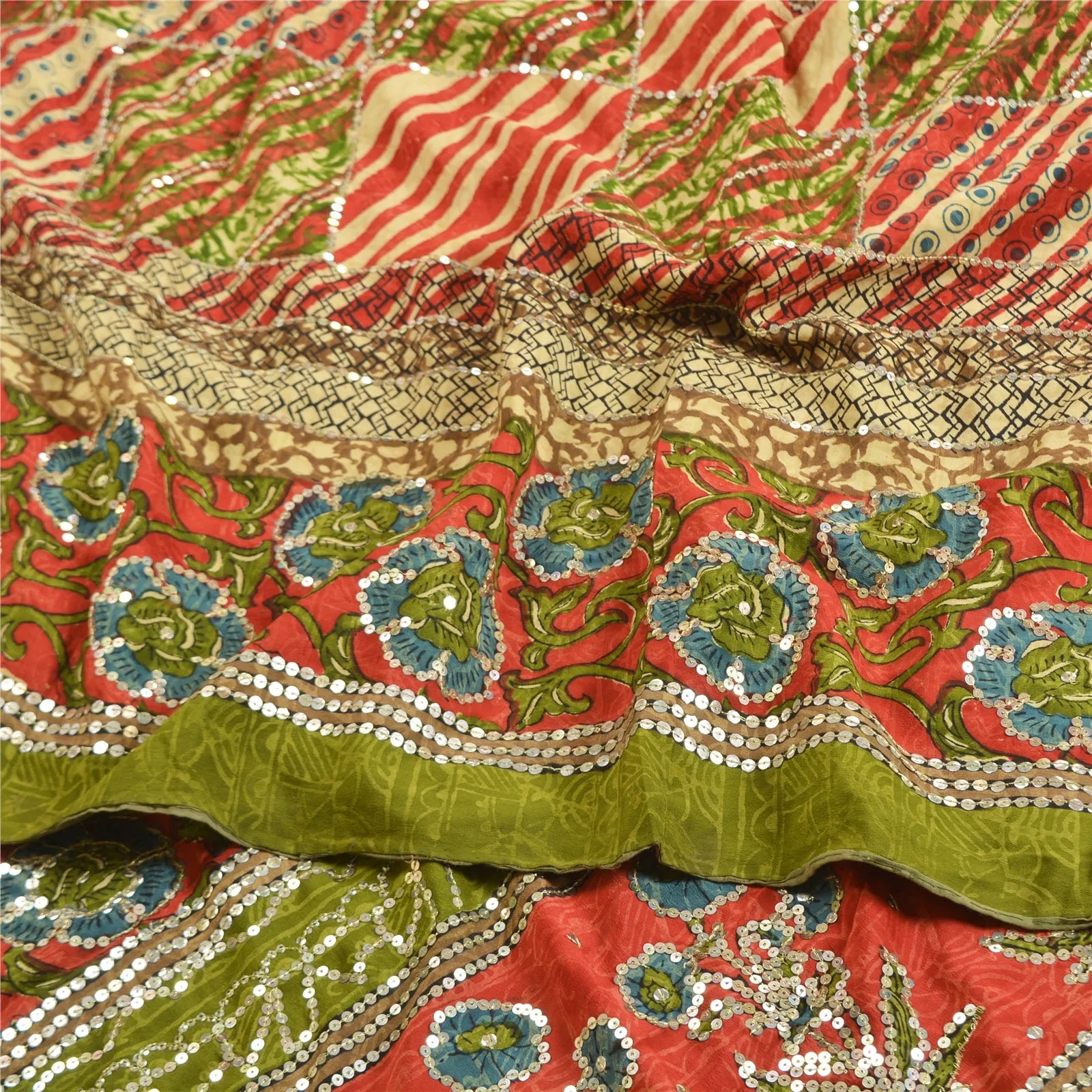 Sanskriti Vintage Sarees Red/Green Hand Beaded Pure Crepe Silk Print Sari Fabric