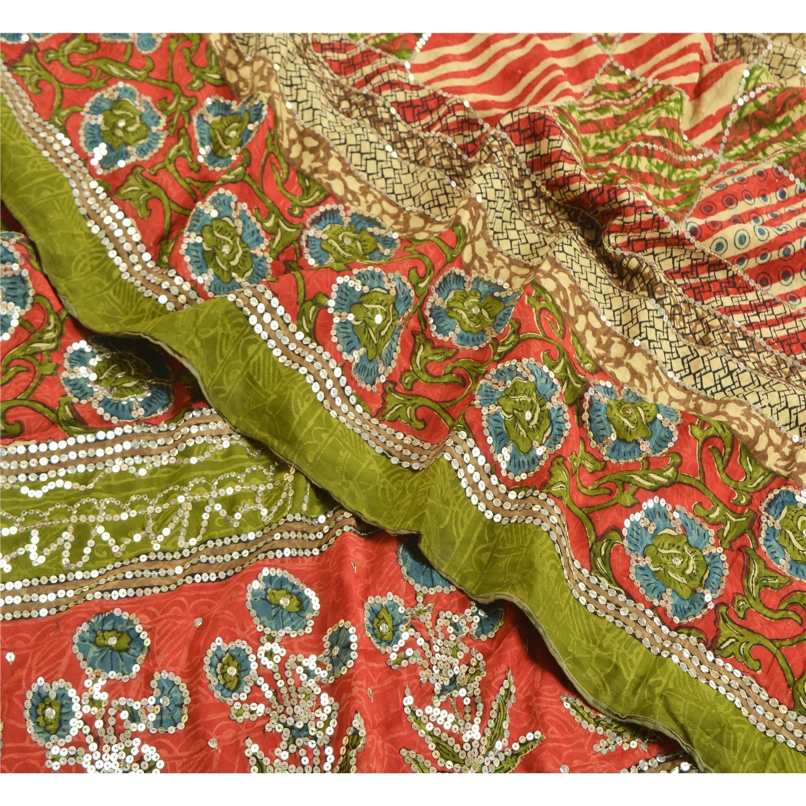 Sanskriti Vintage Sarees Red/Green Hand Beaded Pure Crepe Silk Print Sari Fabric