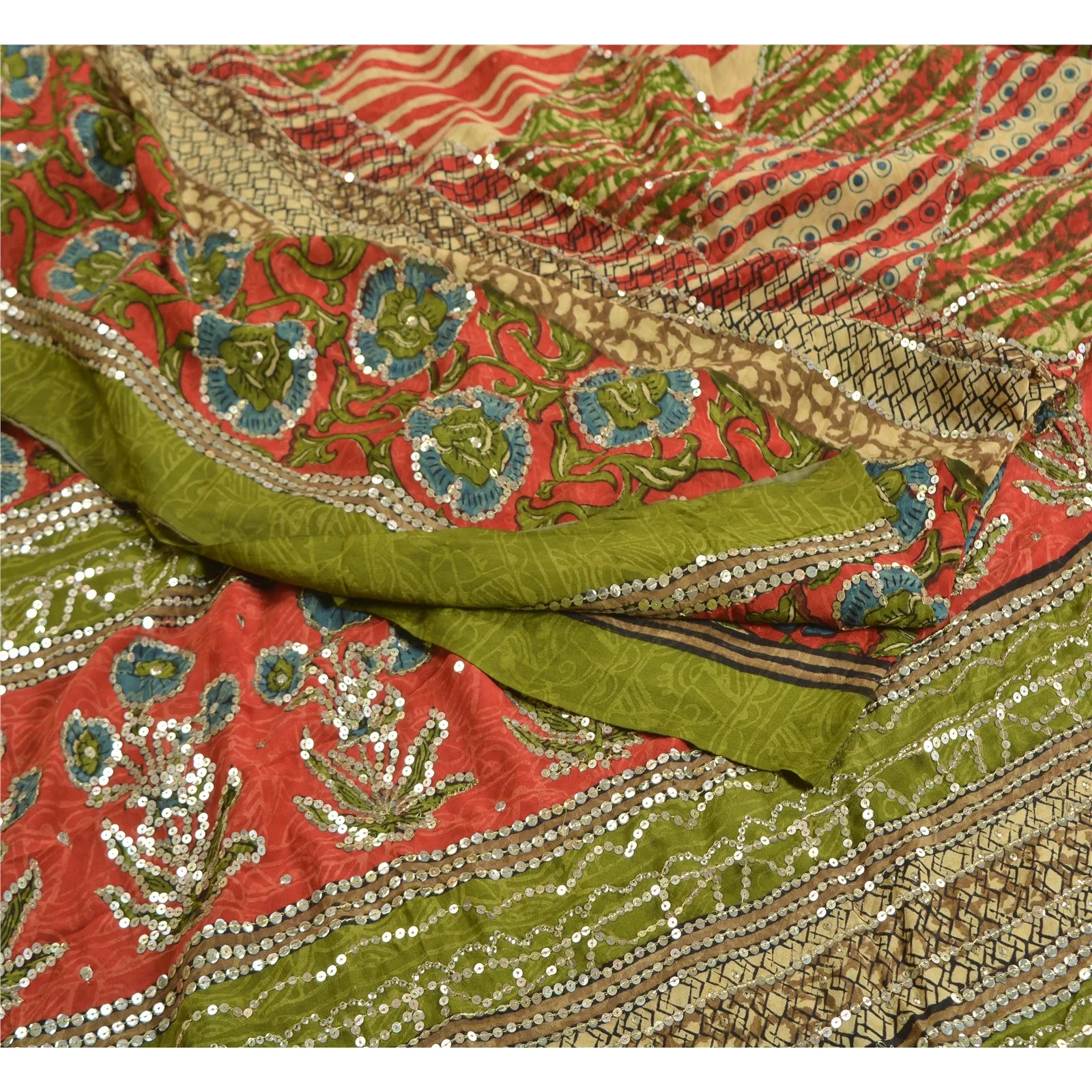 Sanskriti Vintage Sarees Red/Green Hand Beaded Pure Crepe Silk Print Sari Fabric