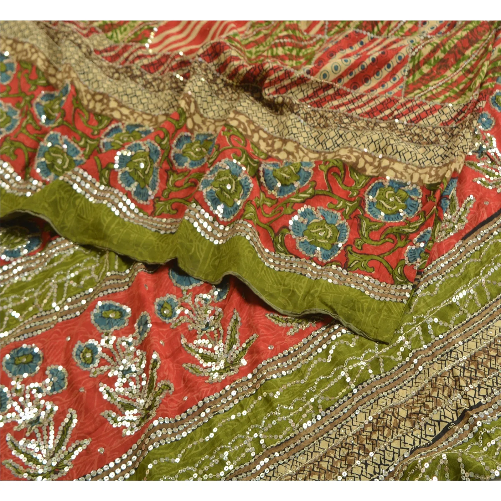 Sanskriti Vintage Sarees Red/Green Hand Beaded Pure Crepe Silk Print Sari Fabric