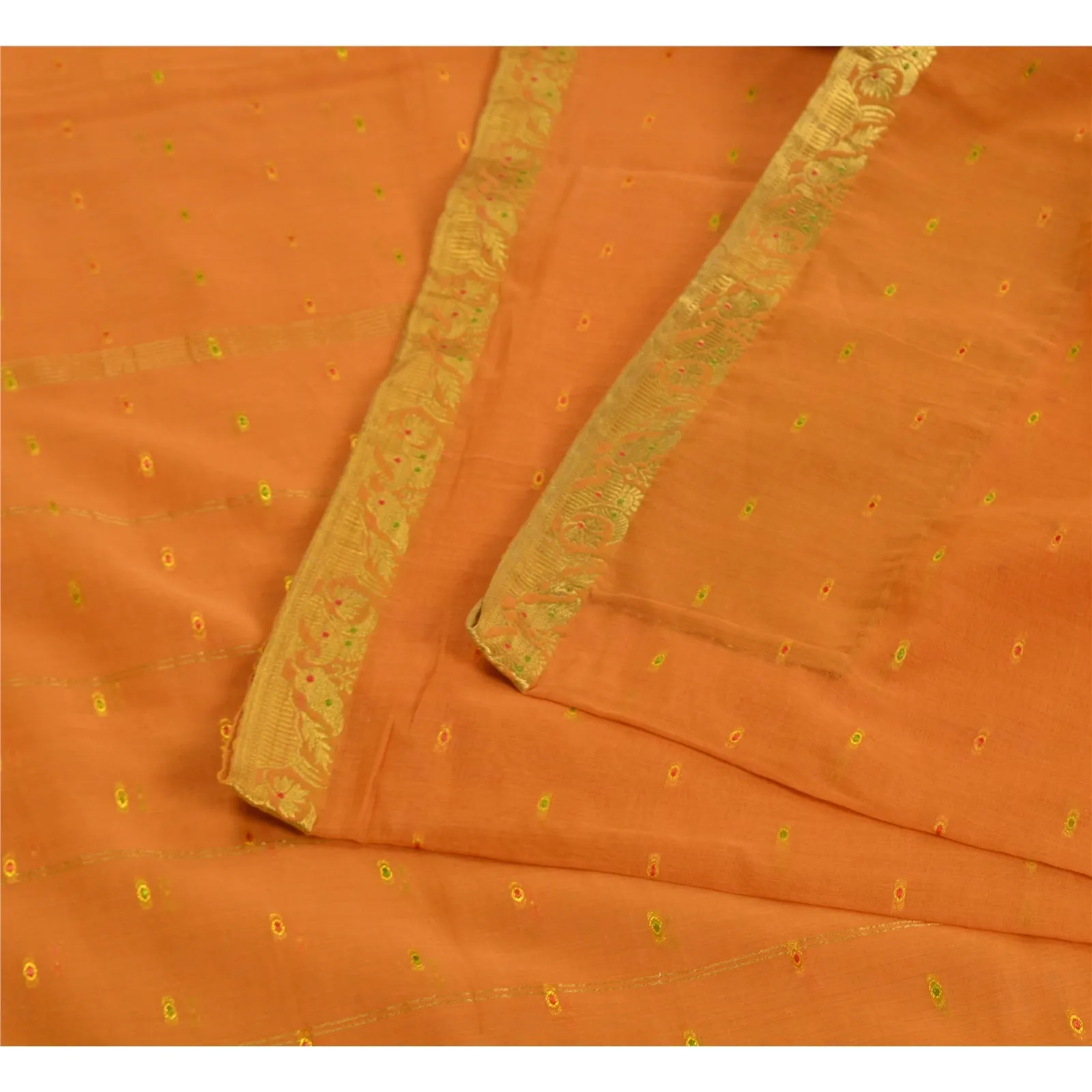 Sanskriti Vintage Sarees Saffron Zari Woven Pure Cotton Sari 5yd Craft Fabric