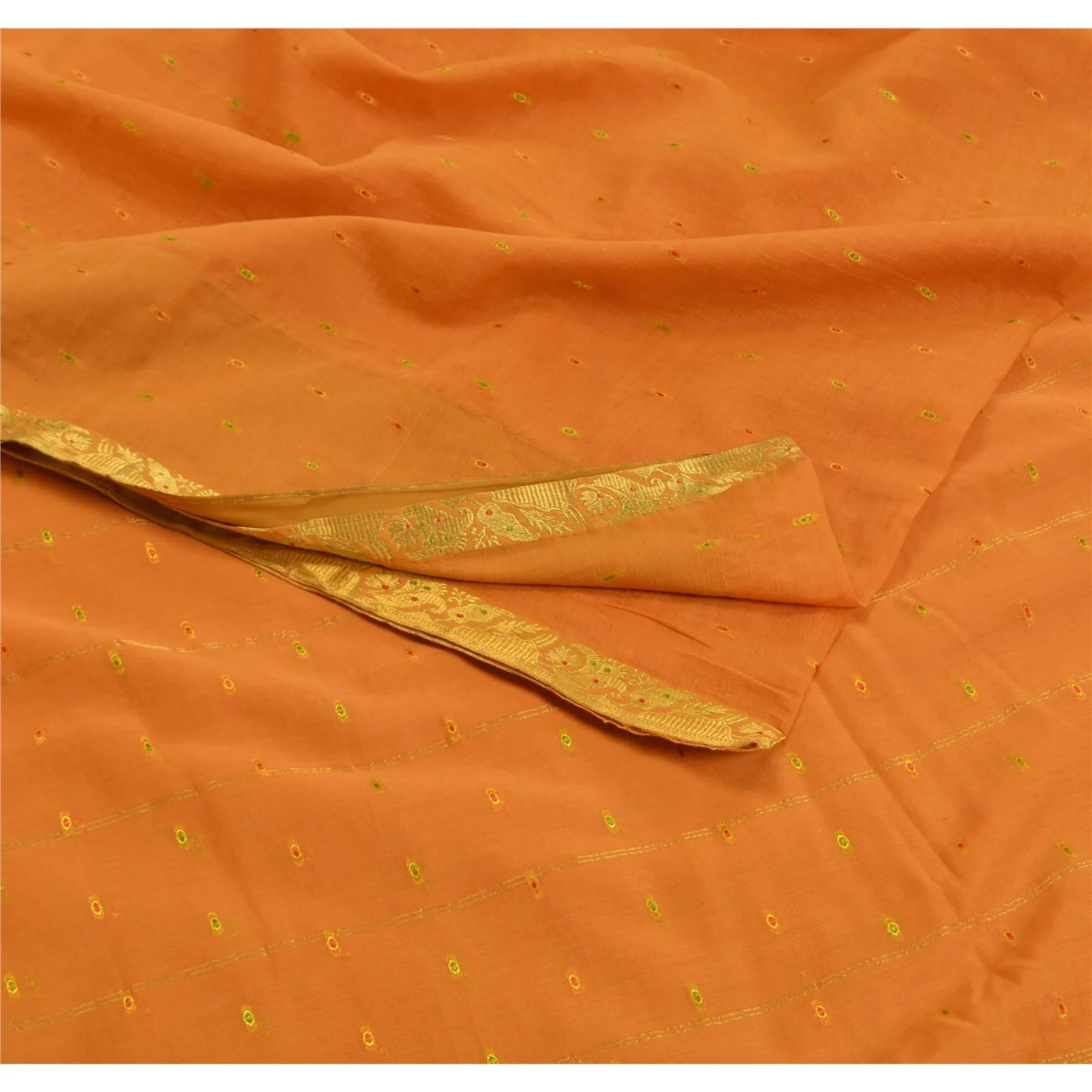 Sanskriti Vintage Sarees Saffron Zari Woven Pure Cotton Sari 5yd Craft Fabric