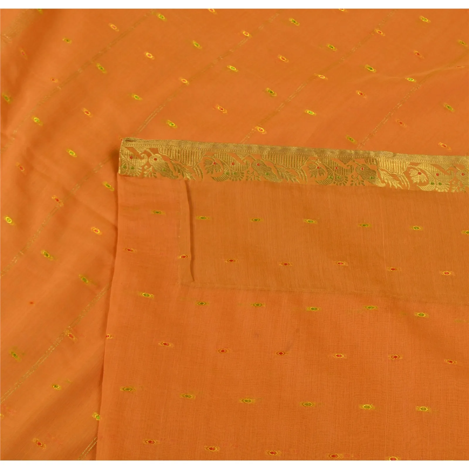 Sanskriti Vintage Sarees Saffron Zari Woven Pure Cotton Sari 5yd Craft Fabric