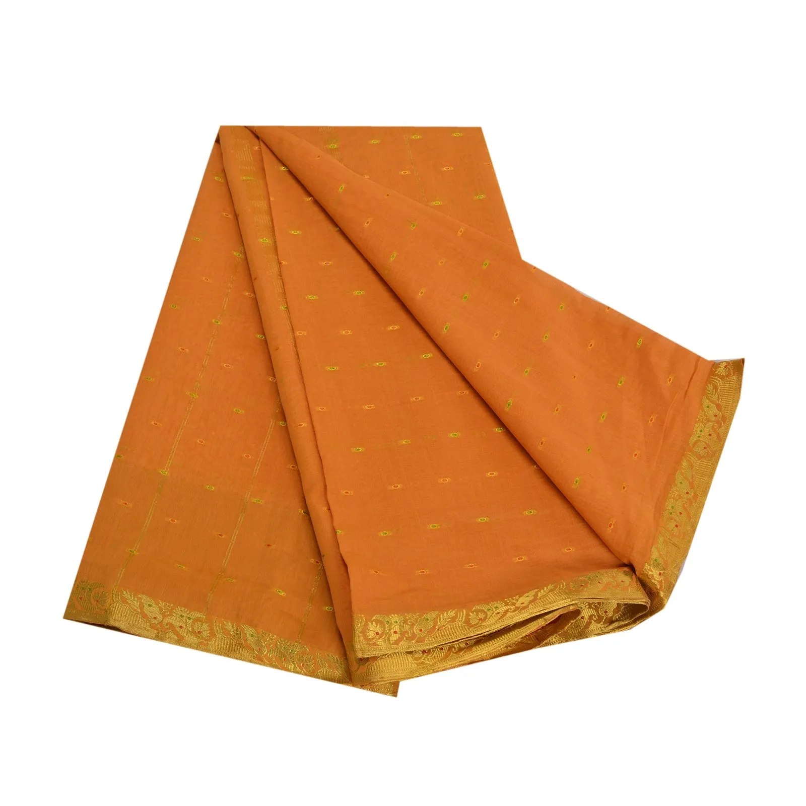 Sanskriti Vintage Sarees Saffron Zari Woven Pure Cotton Sari 5yd Craft Fabric