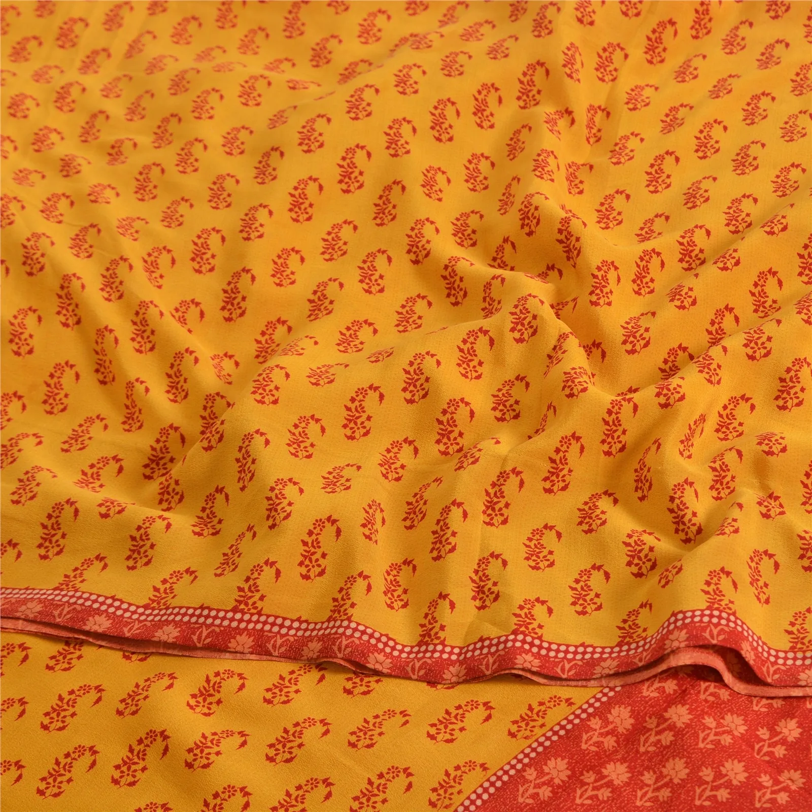 Sanskriti Vintage Sarees Yellow/Red Pure Crepe Block Print Sari 5yd Craft Fabric