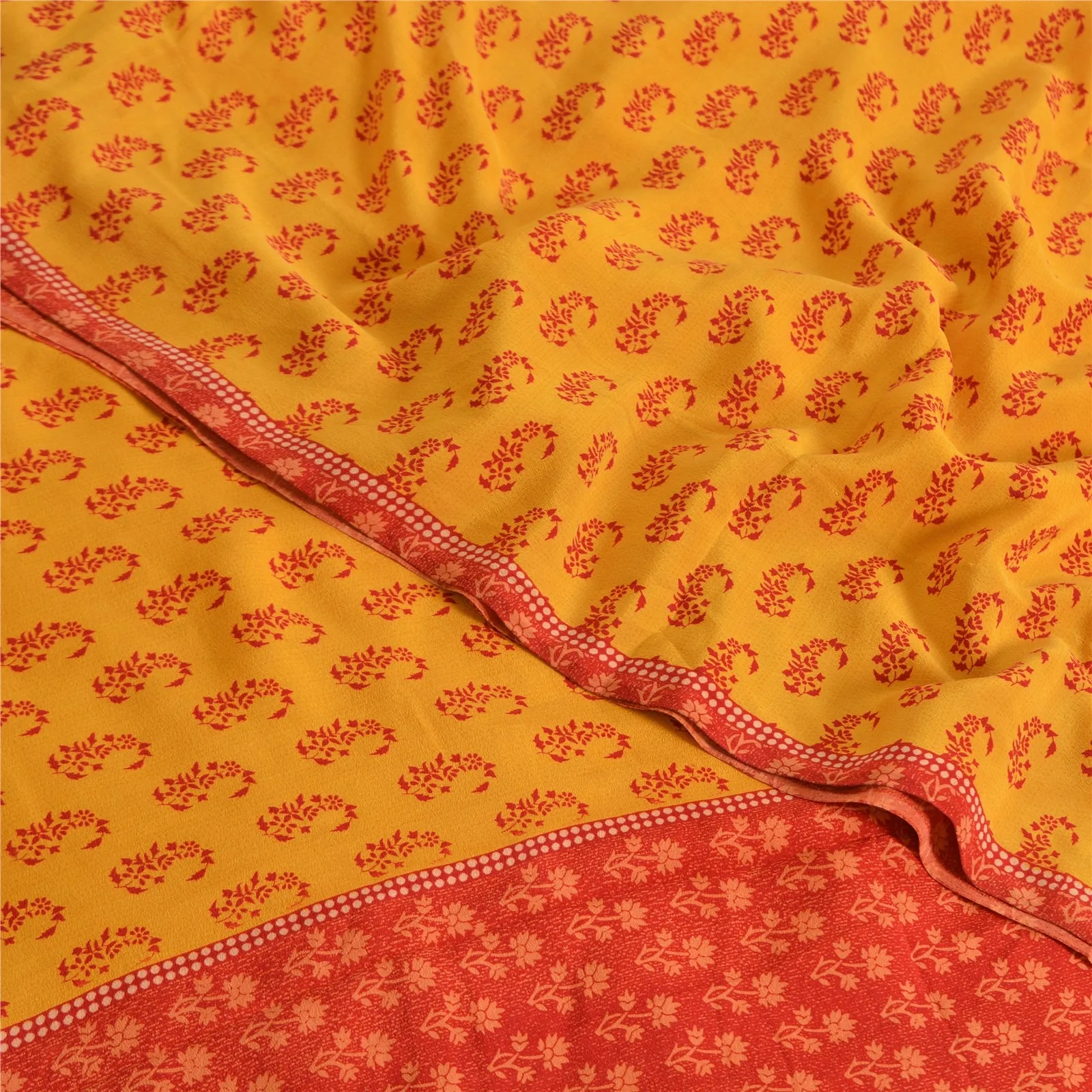 Sanskriti Vintage Sarees Yellow/Red Pure Crepe Block Print Sari 5yd Craft Fabric