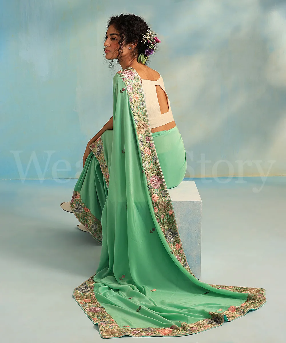 Sea Green Hand Embroidered Georgette Parsi Gara Saree With Pastel Rose Border - Pre Order