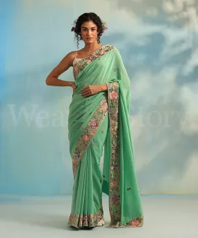 Sea Green Hand Embroidered Georgette Parsi Gara Saree With Pastel Rose Border - Pre Order