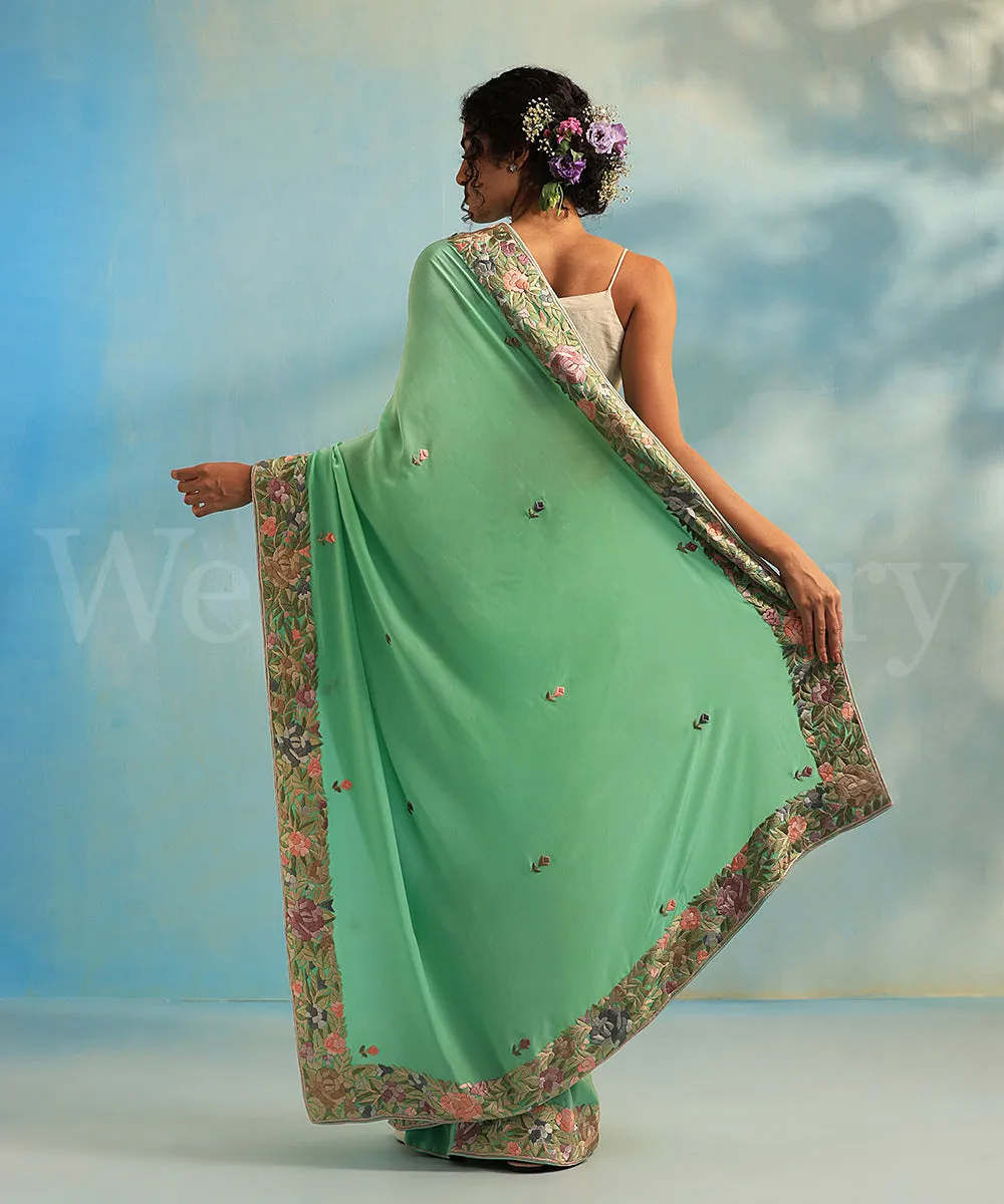 Sea Green Hand Embroidered Georgette Parsi Gara Saree With Pastel Rose Border - Pre Order