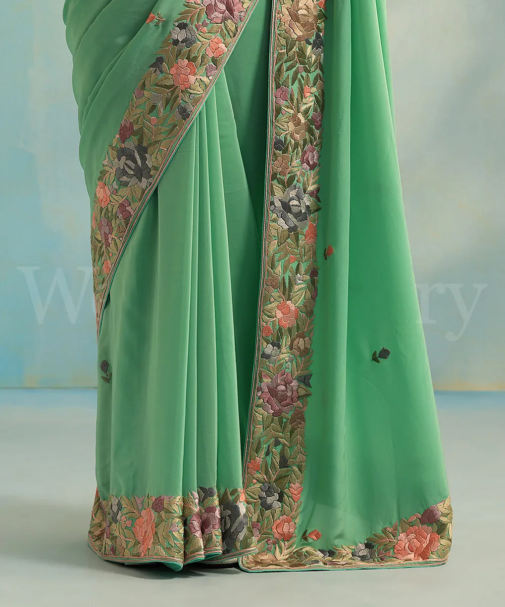 Sea Green Hand Embroidered Georgette Parsi Gara Saree With Pastel Rose Border - Pre Order