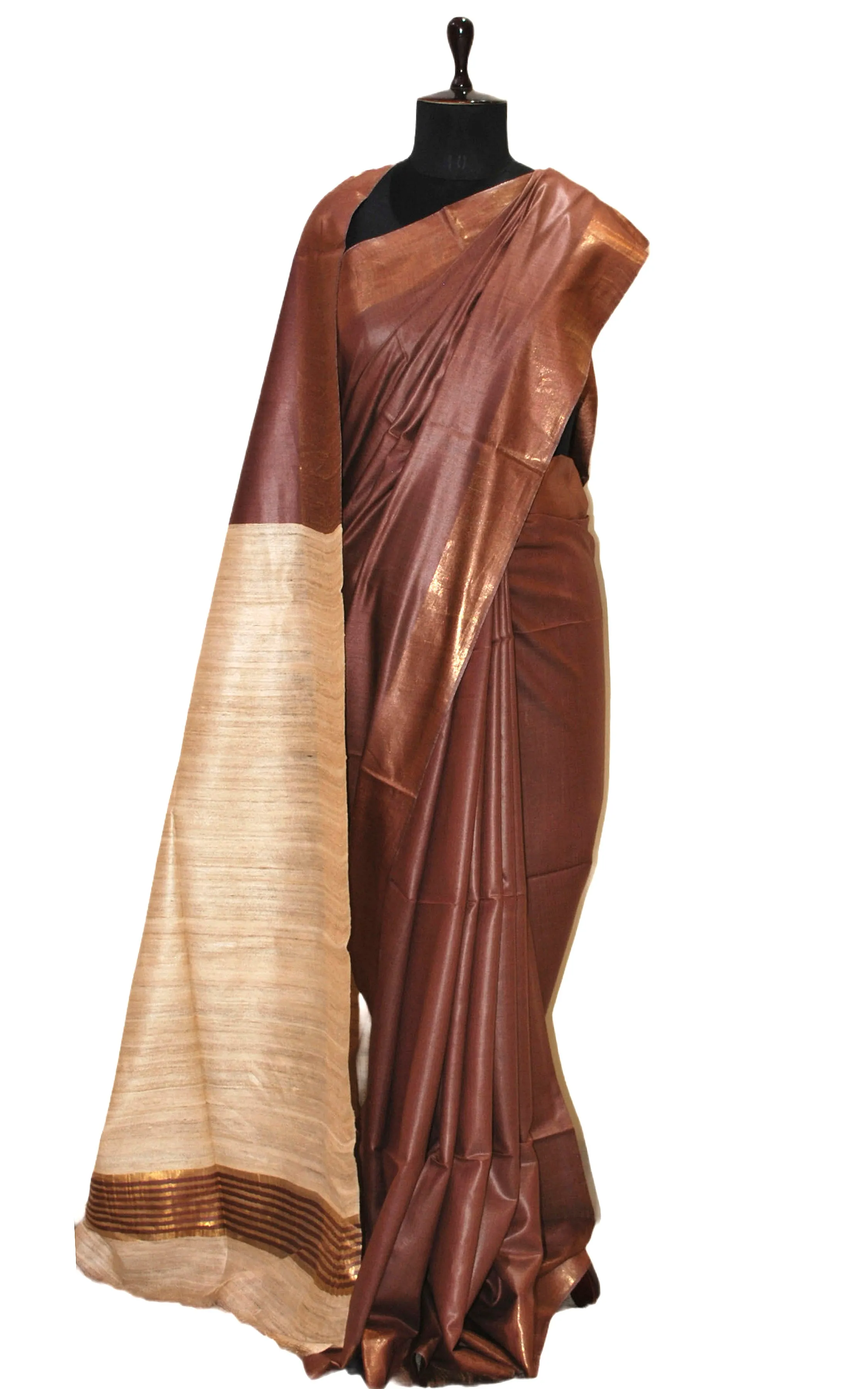 Soft Bhagalpuri Silk Saree with Natural Gicha Tussar Pallu in Chocolate Brown and Brush Gold Zari Work