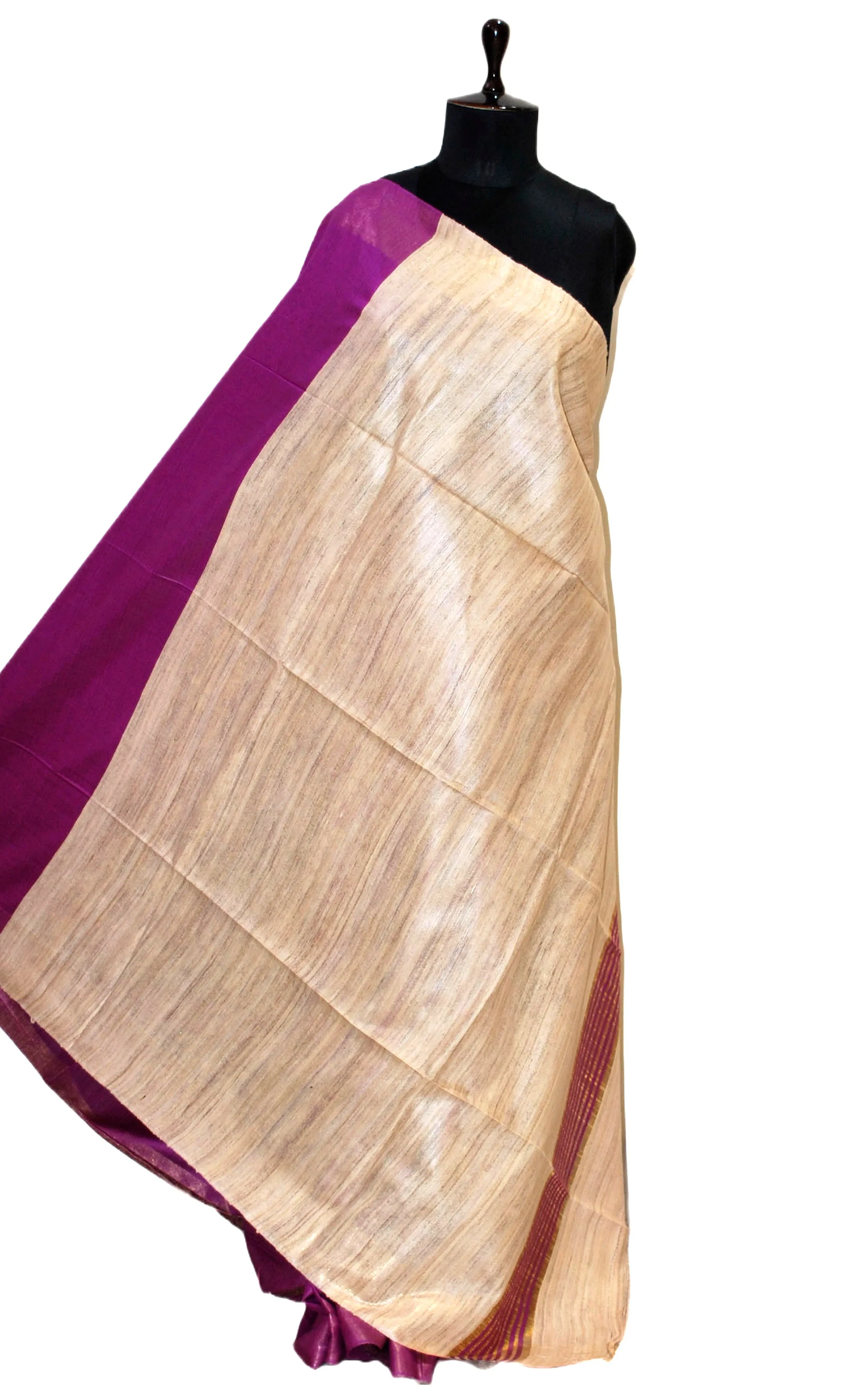 Soft Bhagalpuri Silk Saree with Natural Gicha Tussar Pallu in Purple and Brush Gold Zari Work