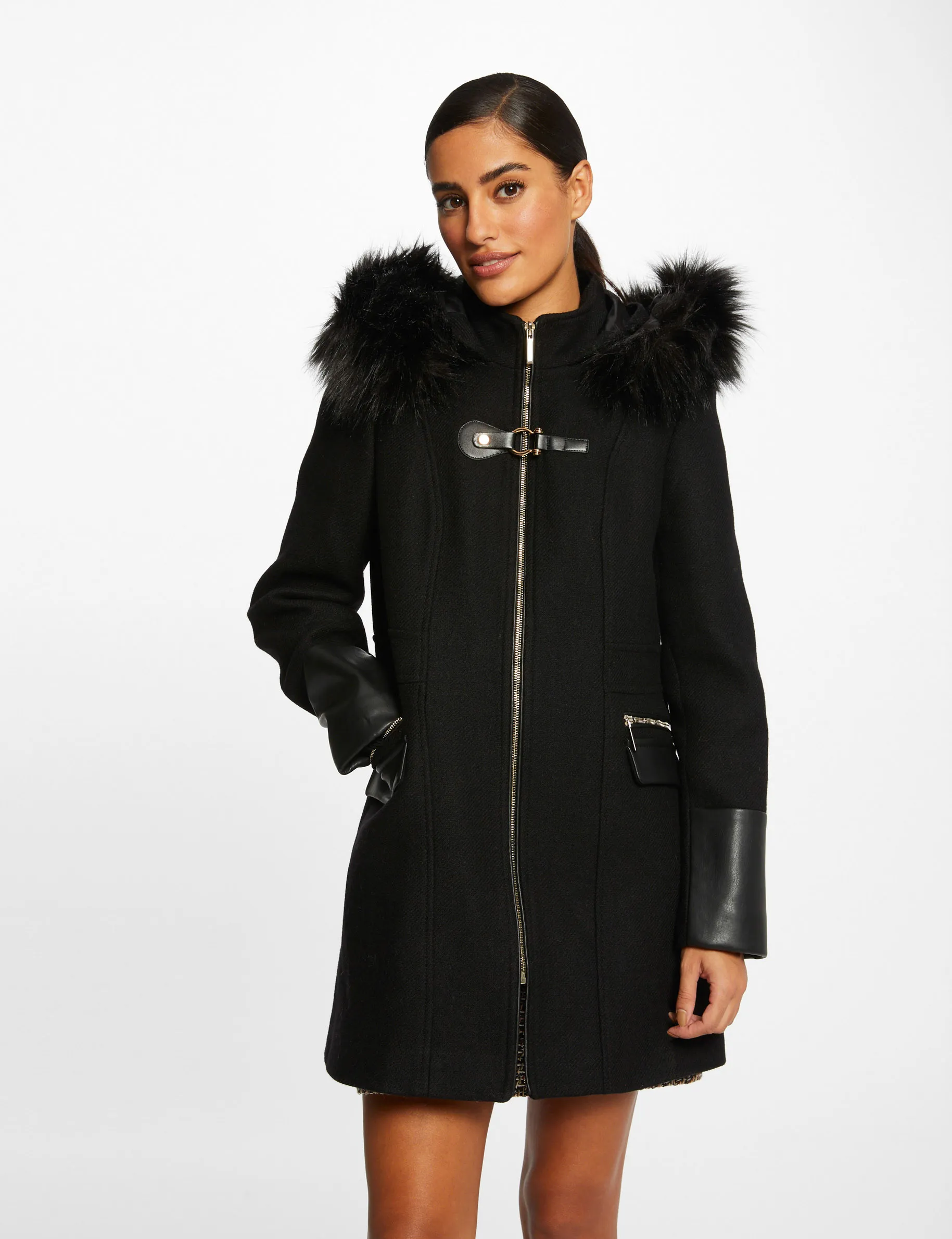 Straight zipped coat with hood black women