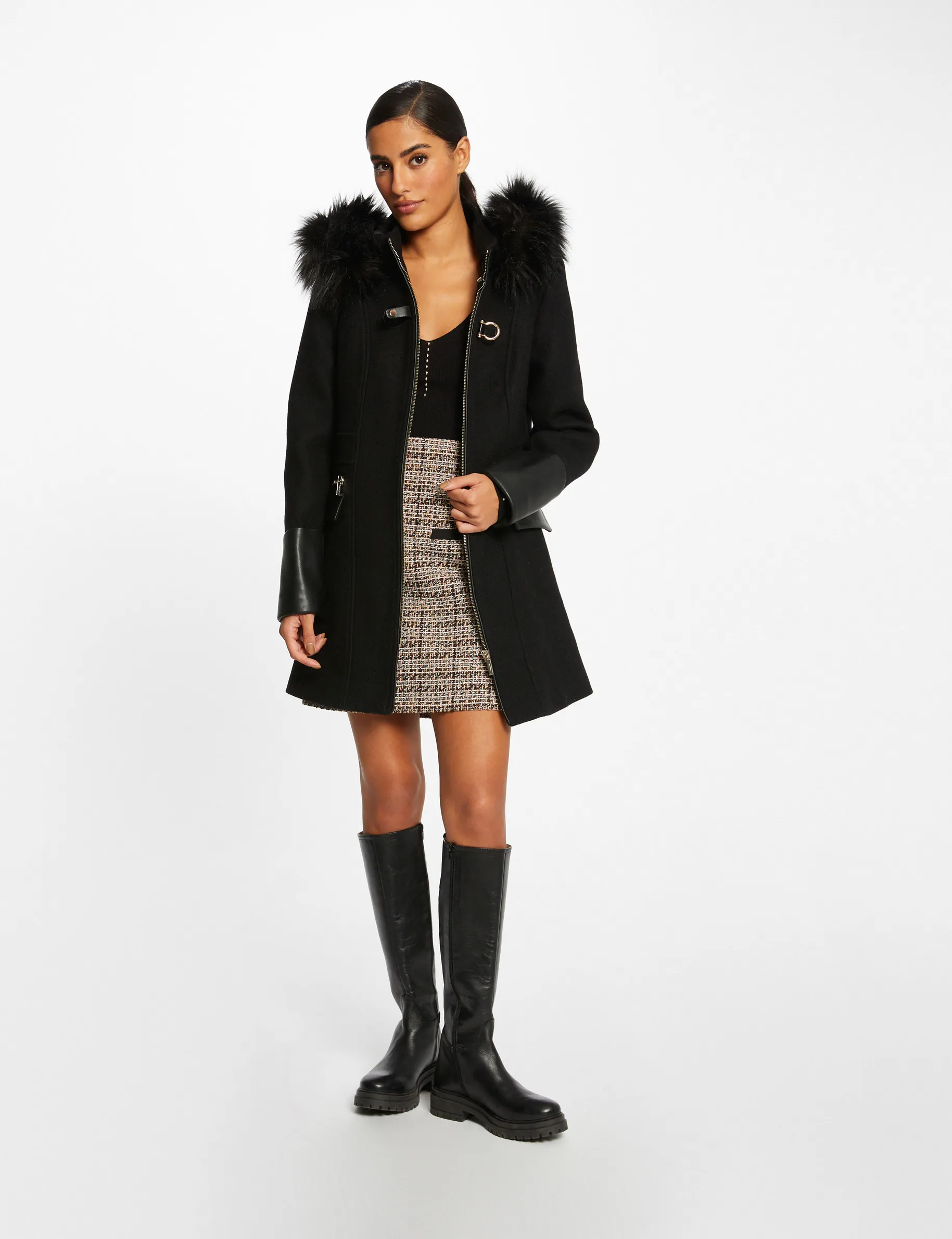 Straight zipped coat with hood black women