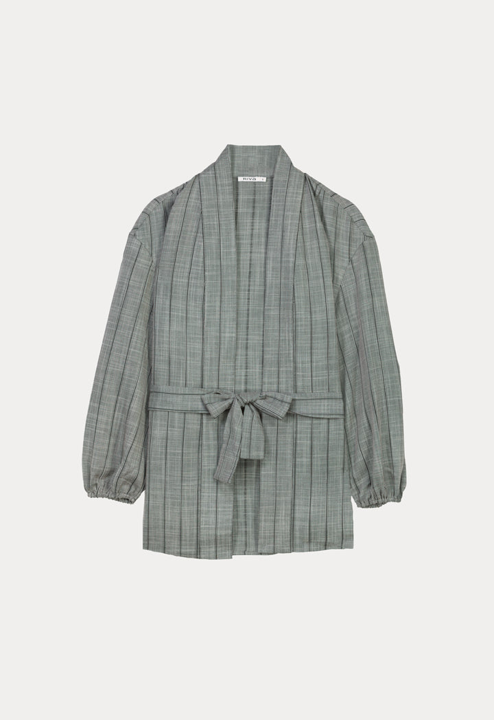 Striped Lantern Sleeves Open Jacket