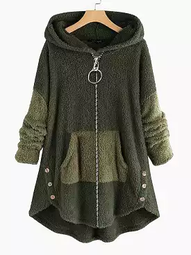 Stylish Plus Size Teddy Hooded Winter Coat with Button Pocket in Green and Black Sizes L-4XL