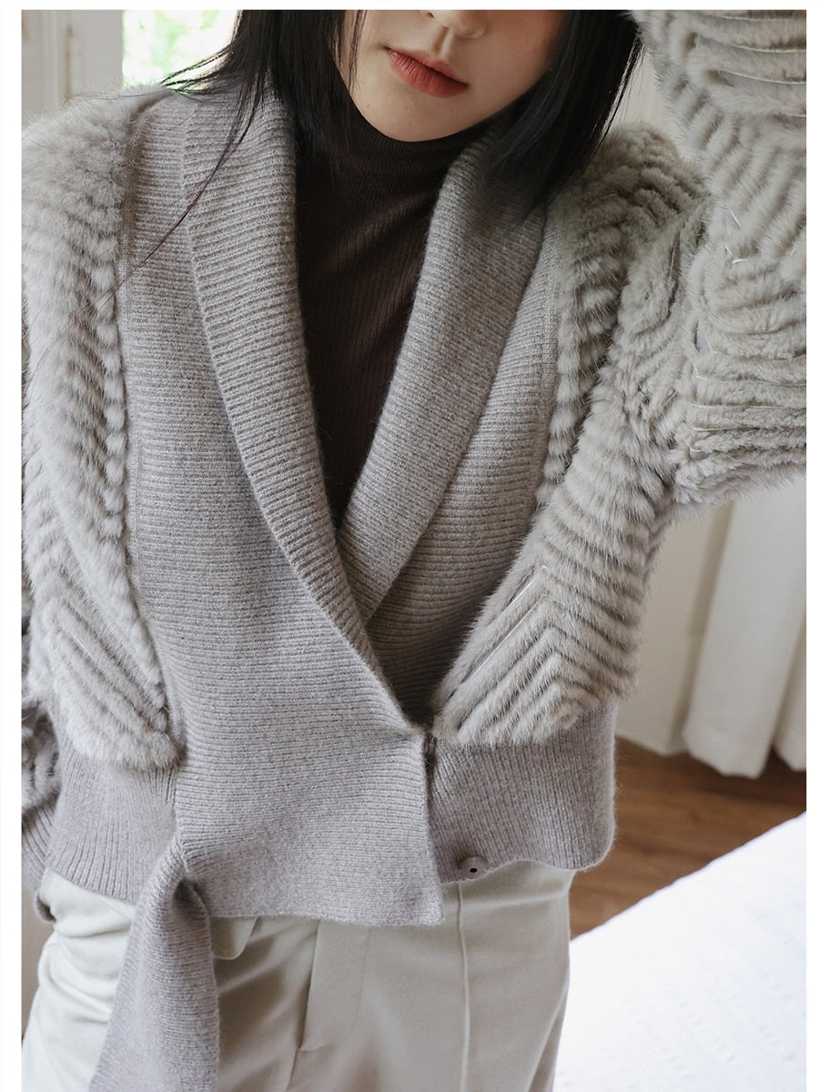 Stylish Winter Warm Natural Knitted Real Mink Fur Striped Jacket for Women