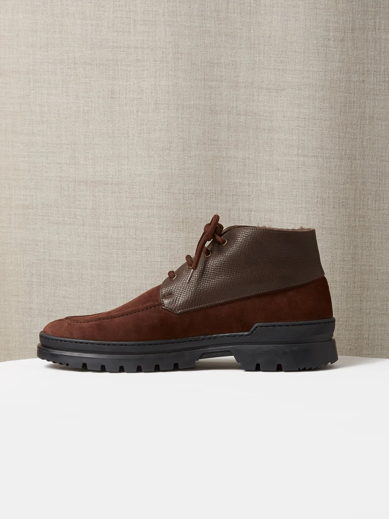 The Engadin Boot in Brown Full-Grain Leather & Suede with Fur Lining