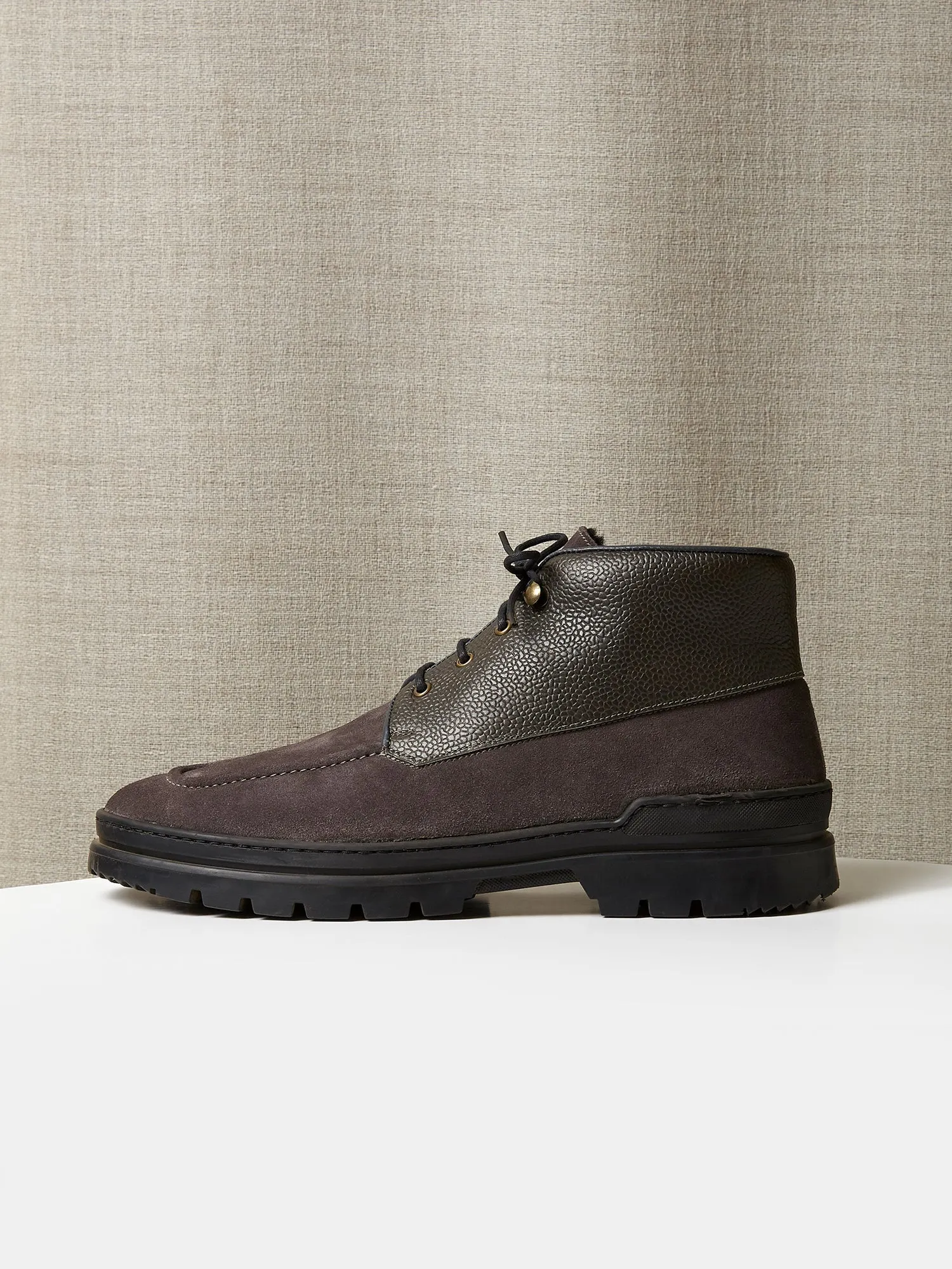 The Engadin Boot in Slate Full-Grain Leather & Suede with Fur Lining