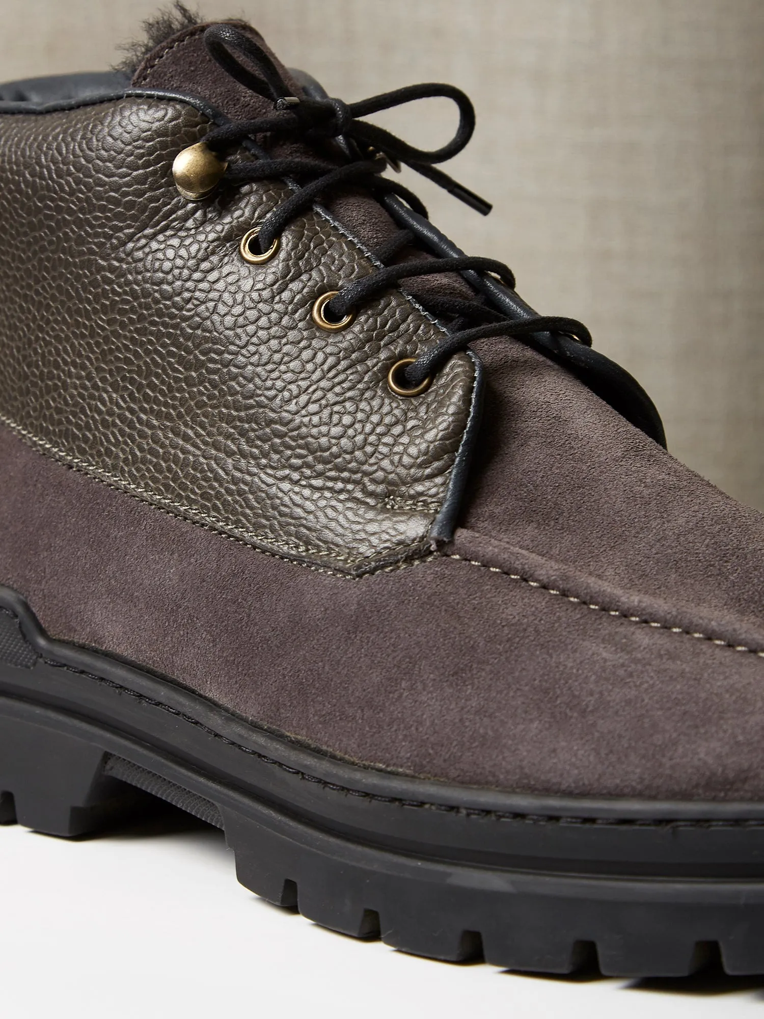 The Engadin Boot in Slate Full-Grain Leather & Suede with Fur Lining