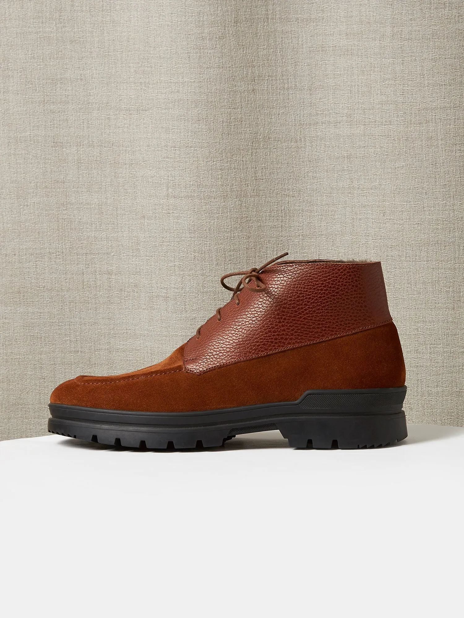 The Engadin Boot in Tobacco Full-Grain Leather & Suede with Fur Lining