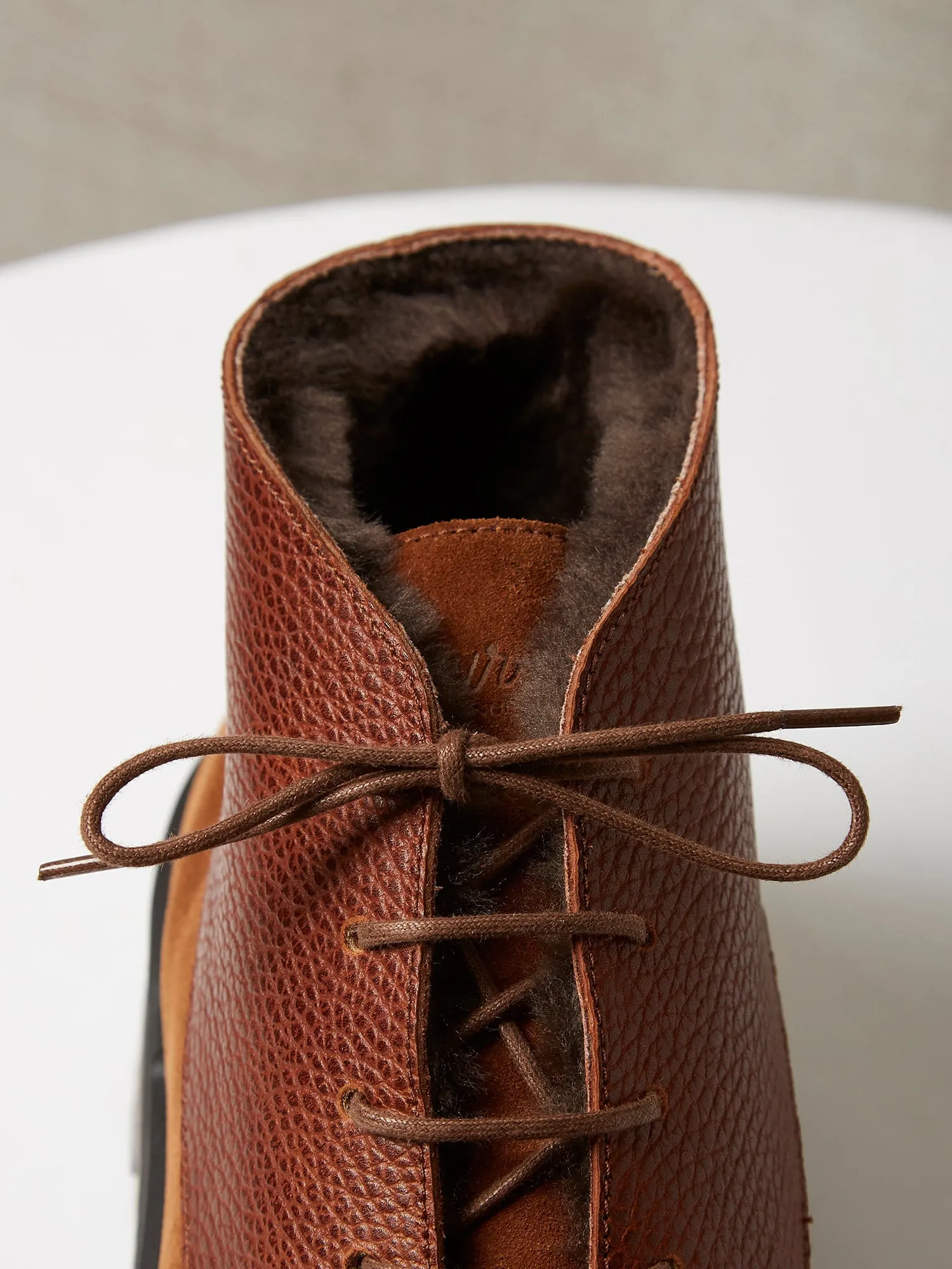 The Engadin Boot in Tobacco Full-Grain Leather & Suede with Fur Lining