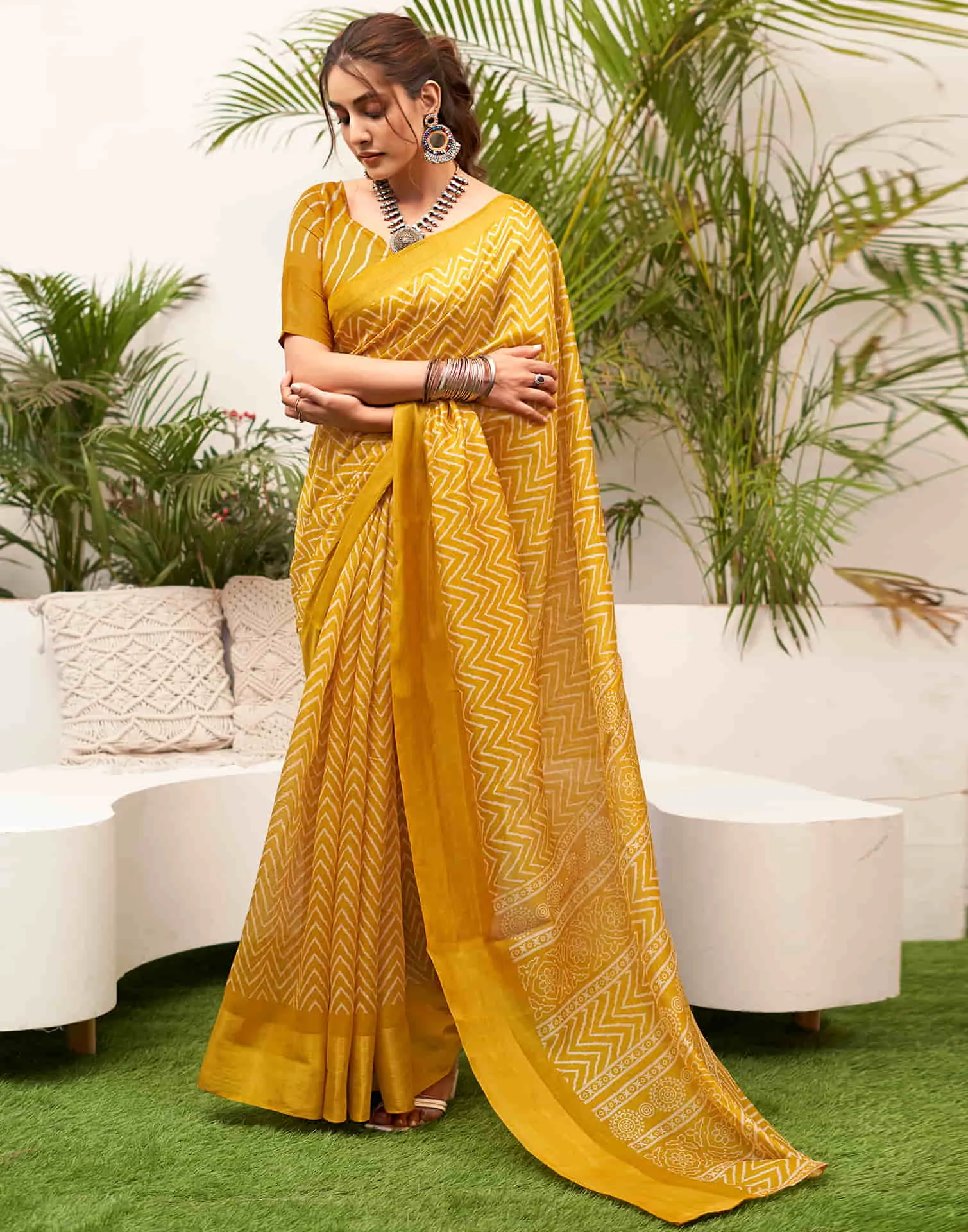 Turmeric Yellow Cotton Printed Saree